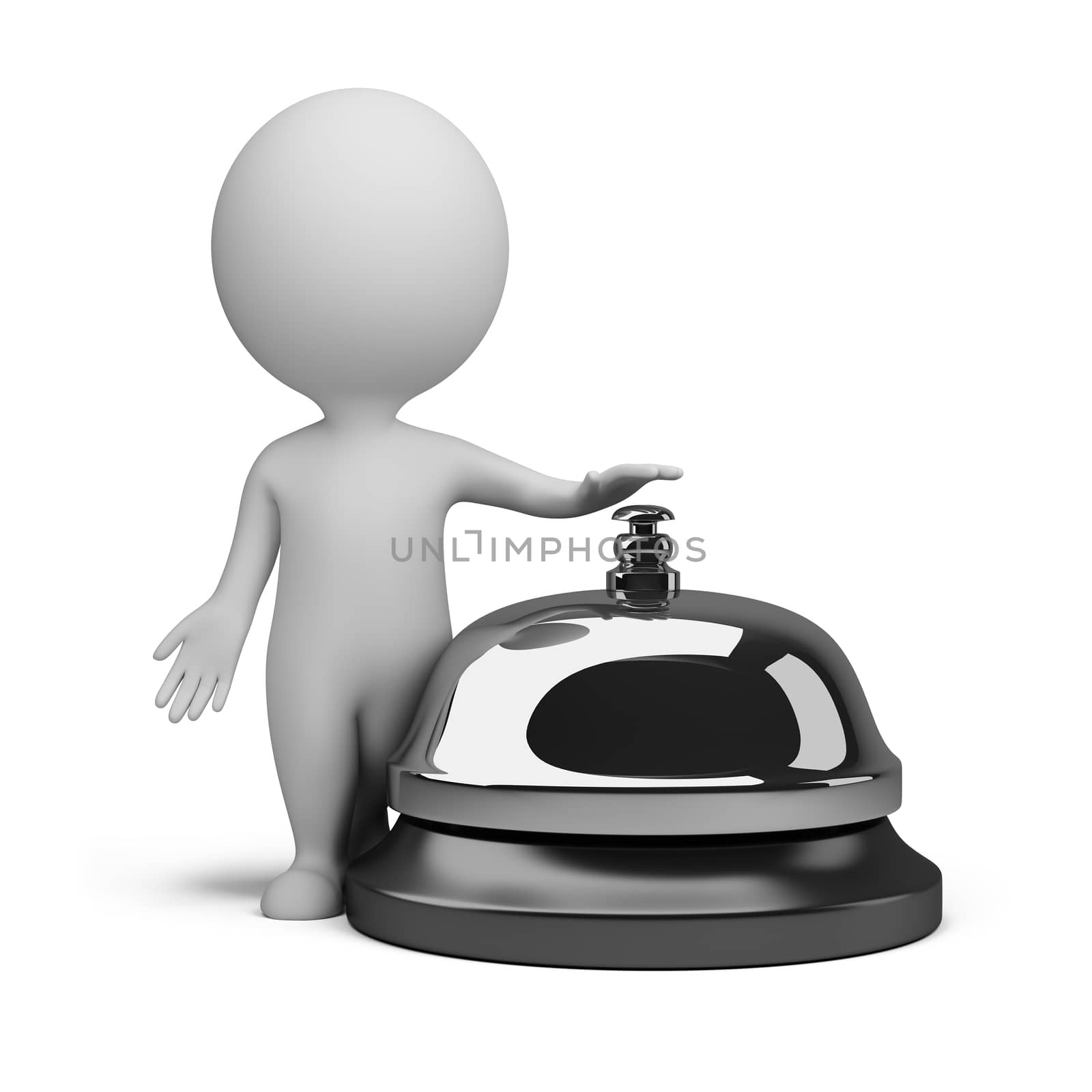 3d small person and a service bell. 3d image. Isolated white background.
