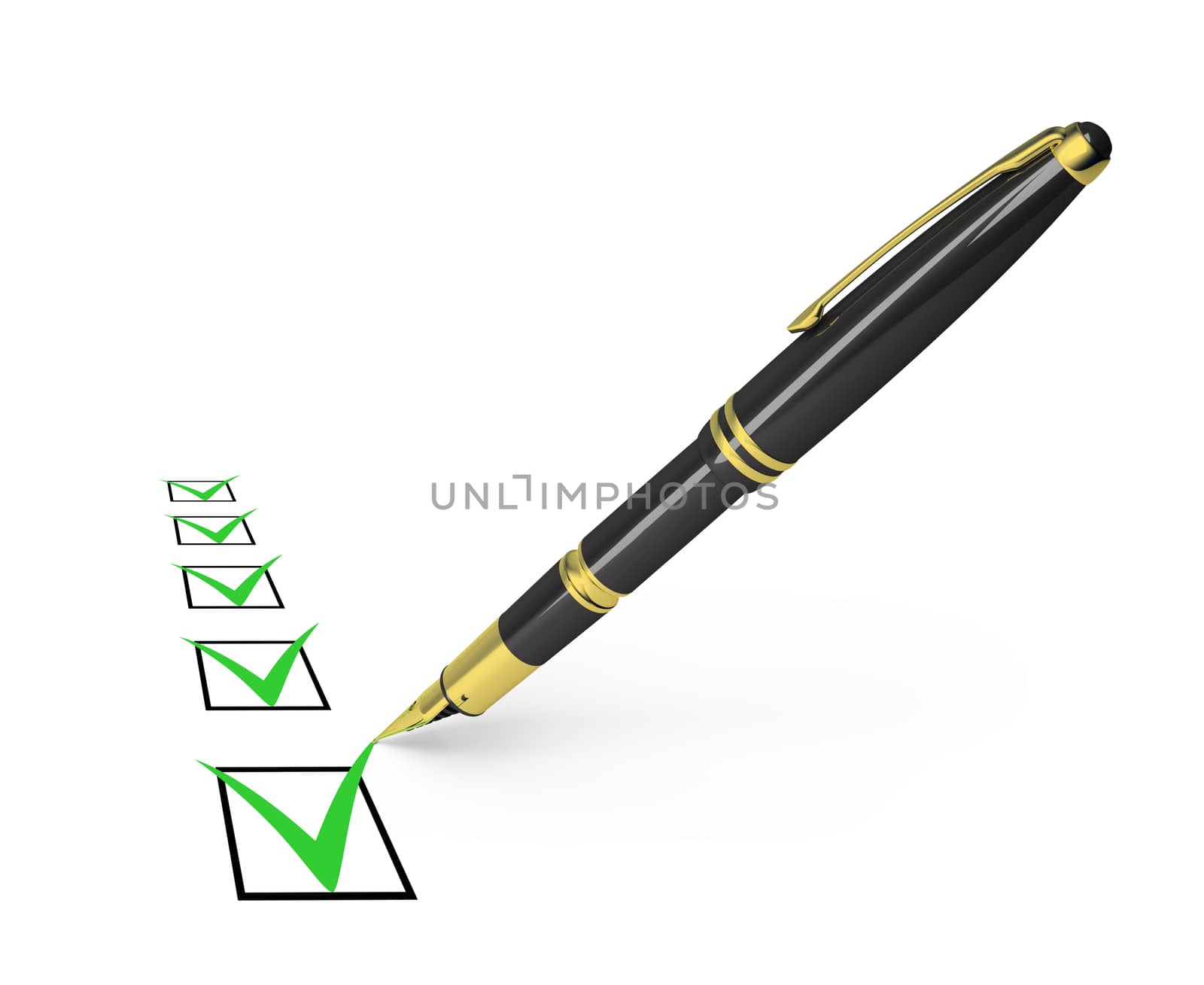 black pen draws a checkmark in the list. 3d image. Isolated white background.