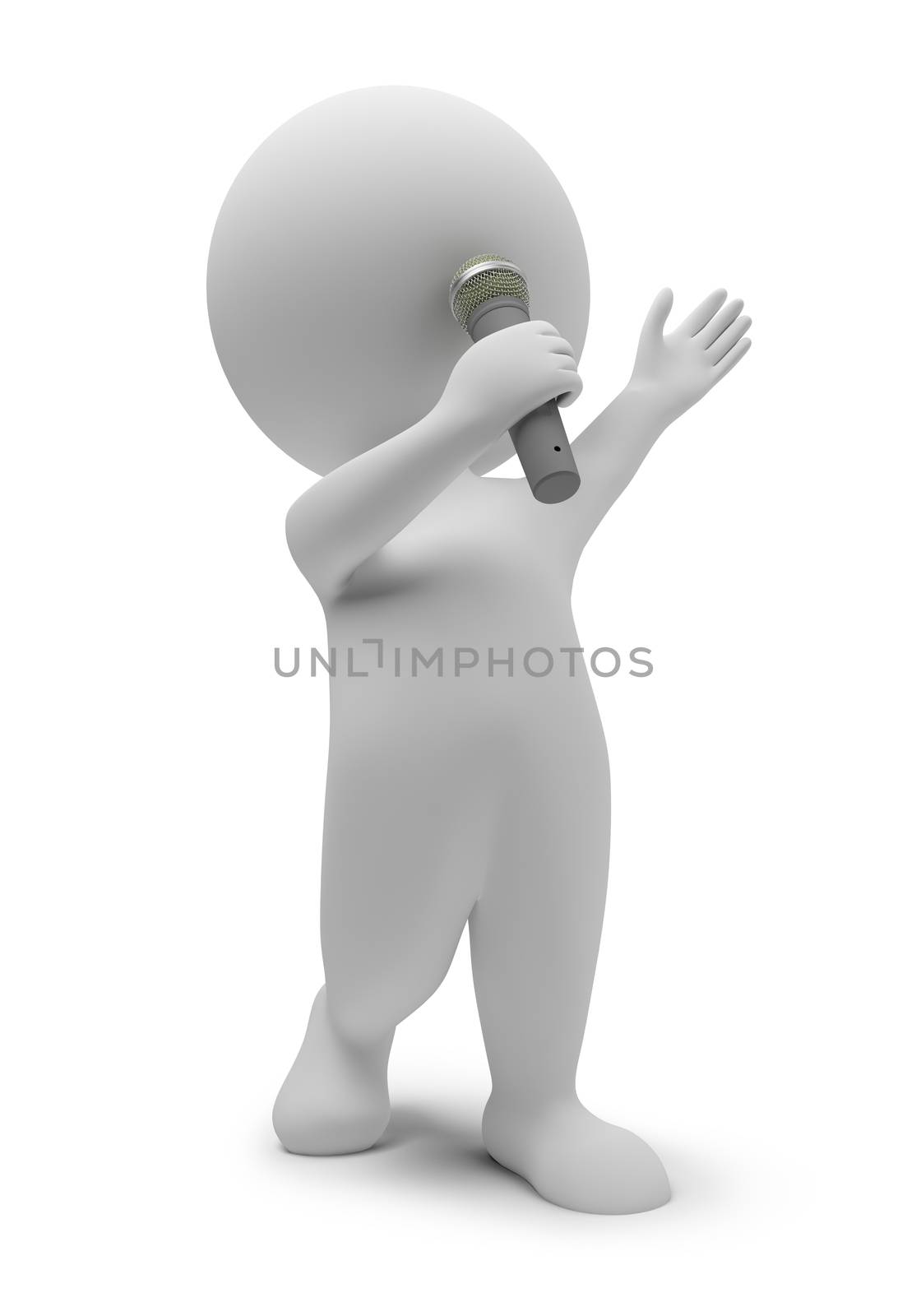 3d small people singing in a microphone. 3d image. Isolated white background.