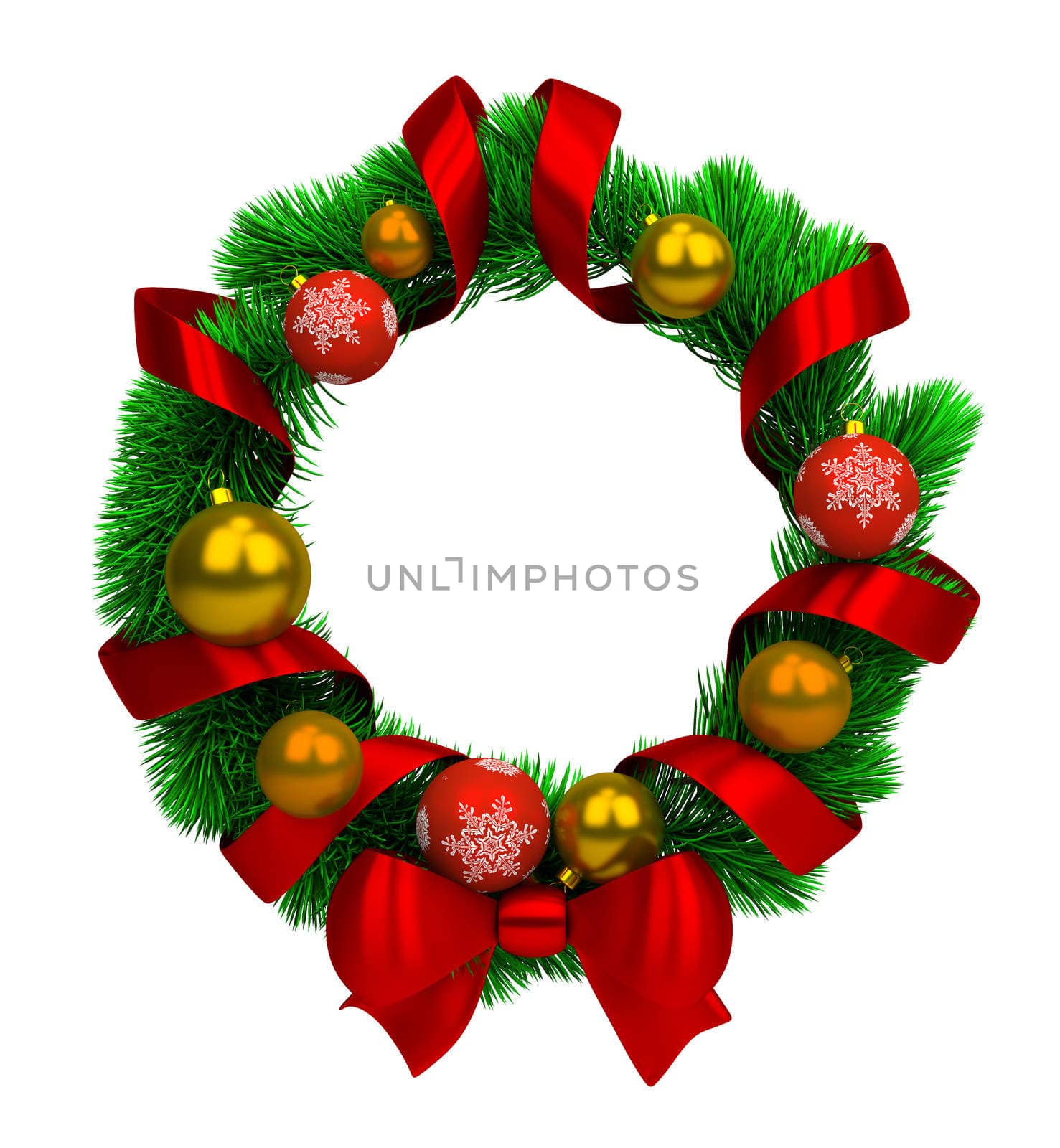 Christmas wreath with pine branches, balls and silk ribbon. 3d image. Isolated white background.
