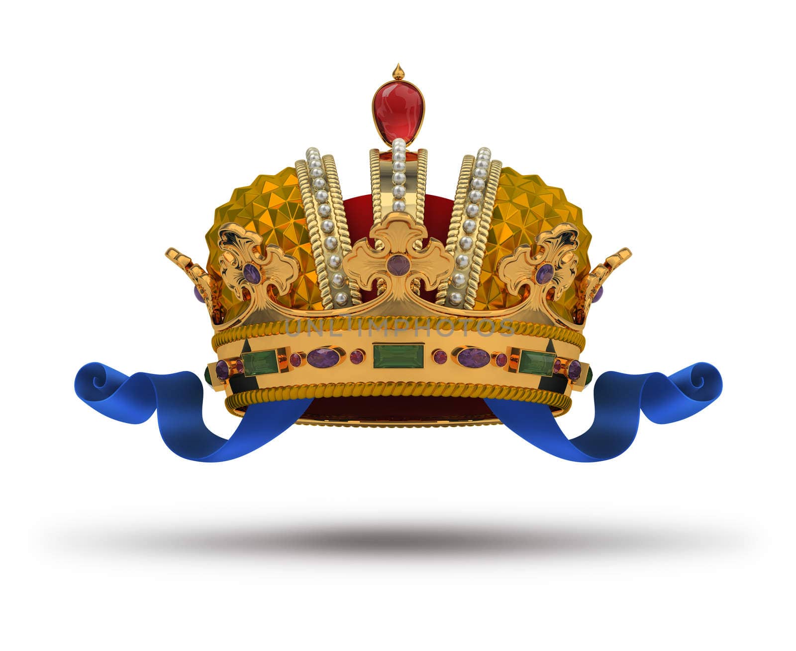 Crown with blue ribbon and a ruby. 3d image. Isolated white background. Clipping path included.