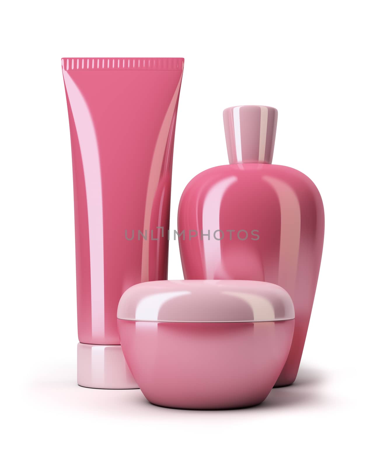 Three pink bottles of a cosmetic cream. 3d image. Isolated white background.