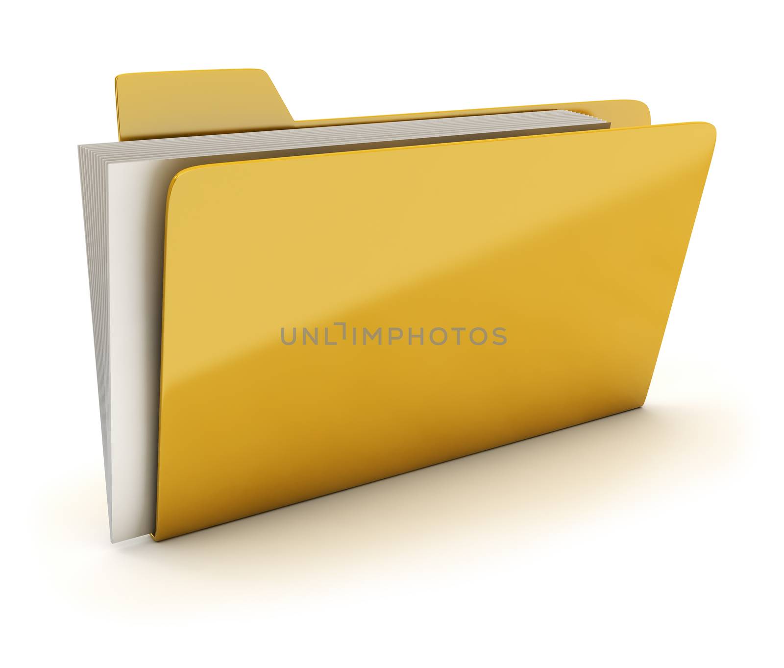 Yellow brilliant folder with documents. 3d image. Isolated white background.
