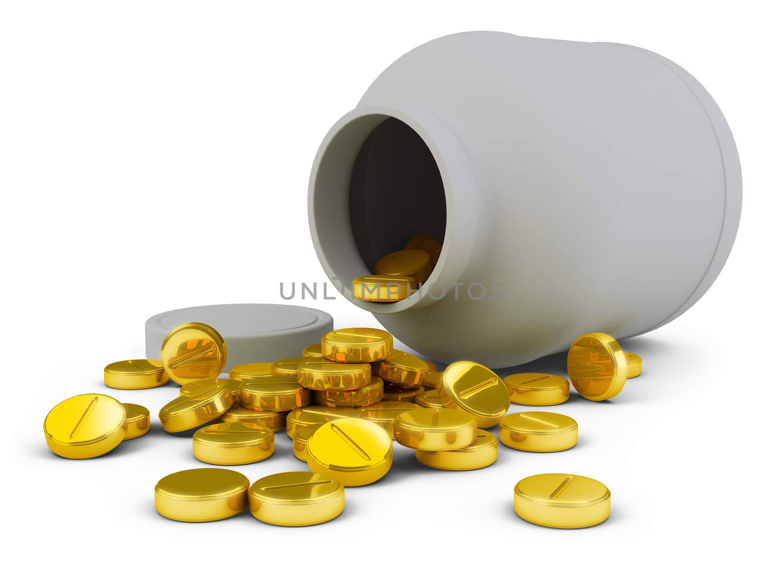 Gold tablets poured out from banks on the isolated white background