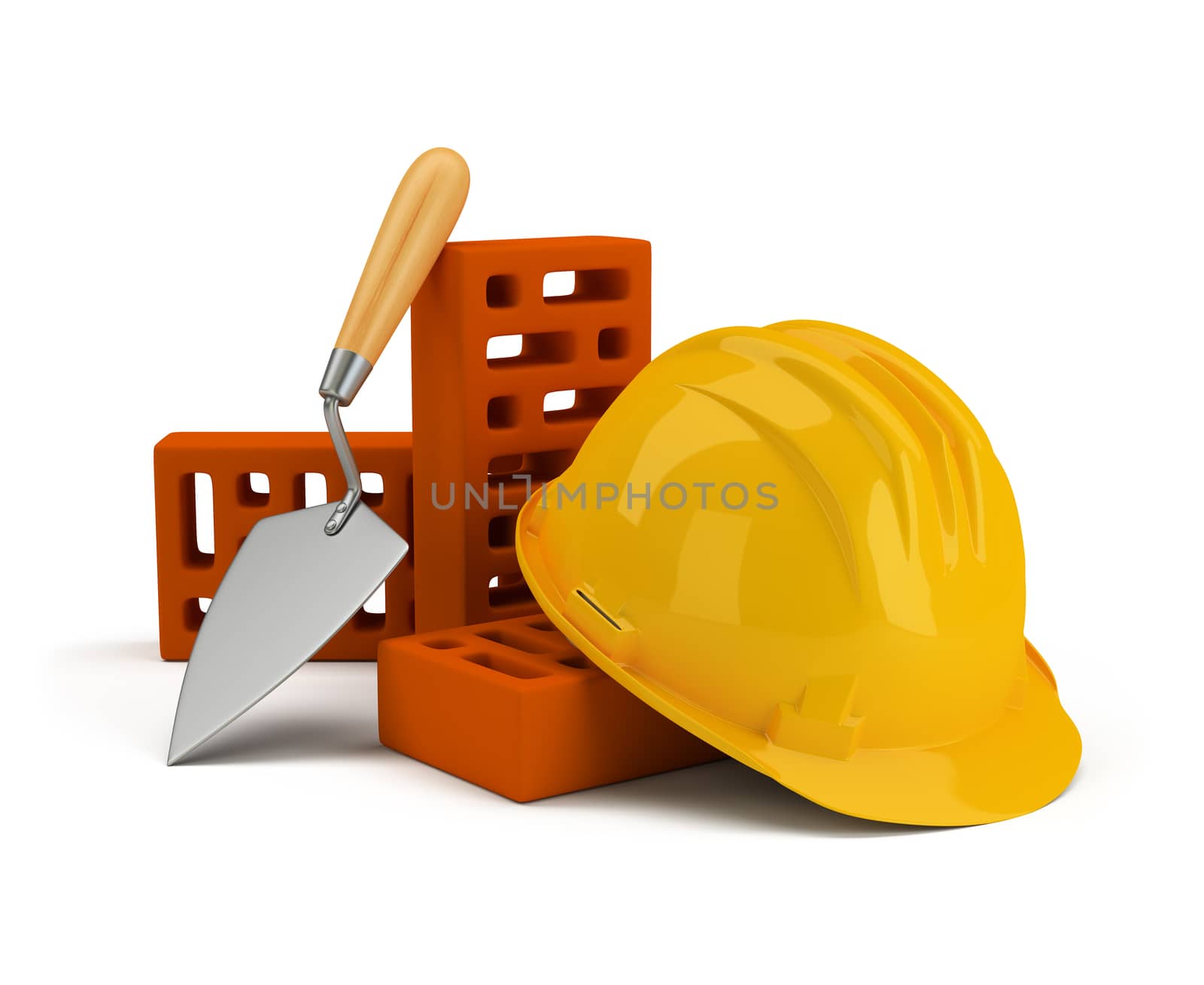 helmet with bricks and trowel. 3d image. Isolated white background.