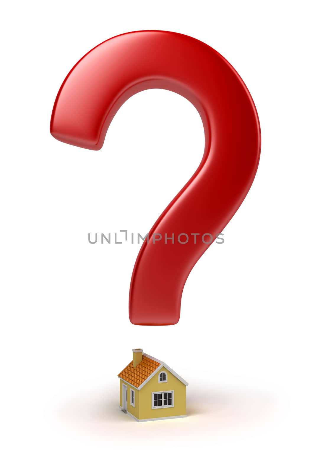 Red sign on a question over the house. 3d image. Isolated white background.