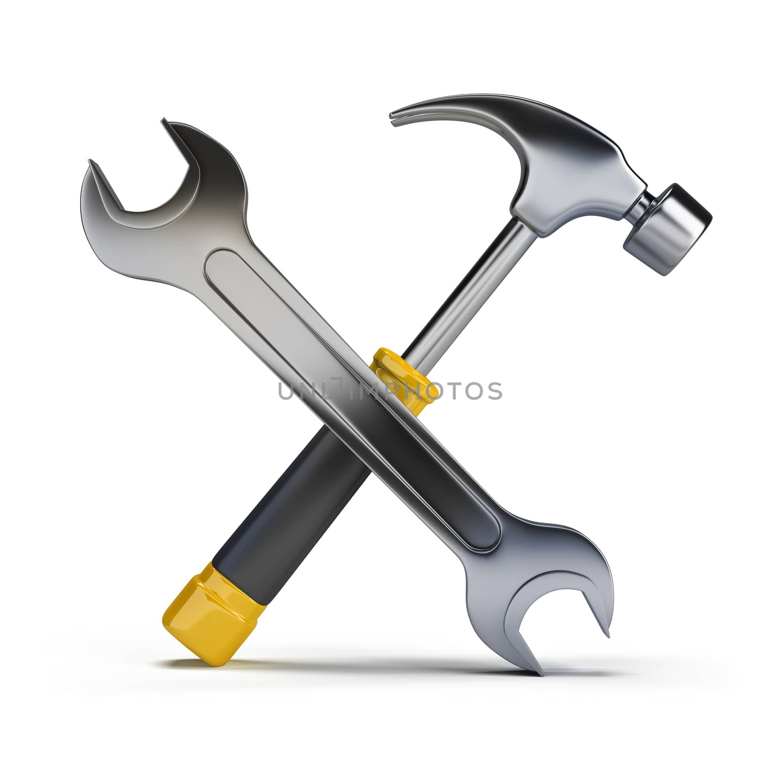 3d image. Hammer and wrench. Isolated white background.