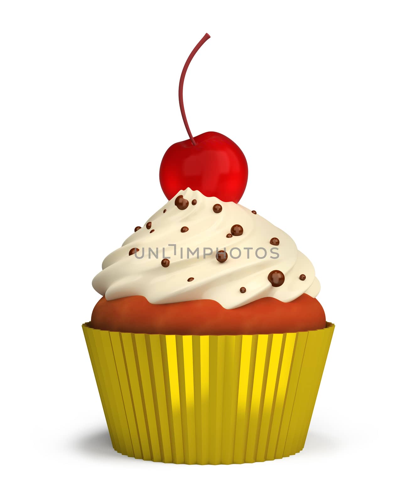 Fruitcake with a cream and a cherry in a gold cup. 3d image. Isolated white background.