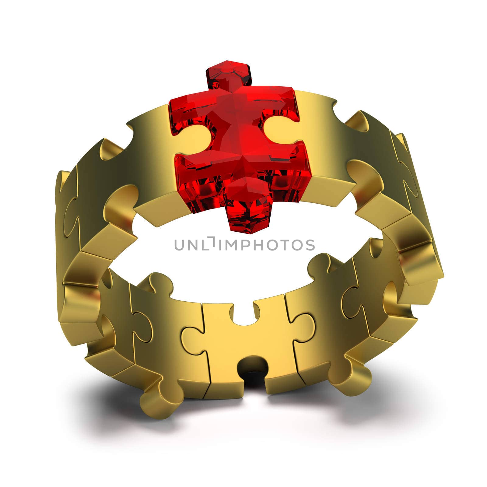 Gold ring with a ruby ������Jigsaw puzzles. 3d image. White background.
