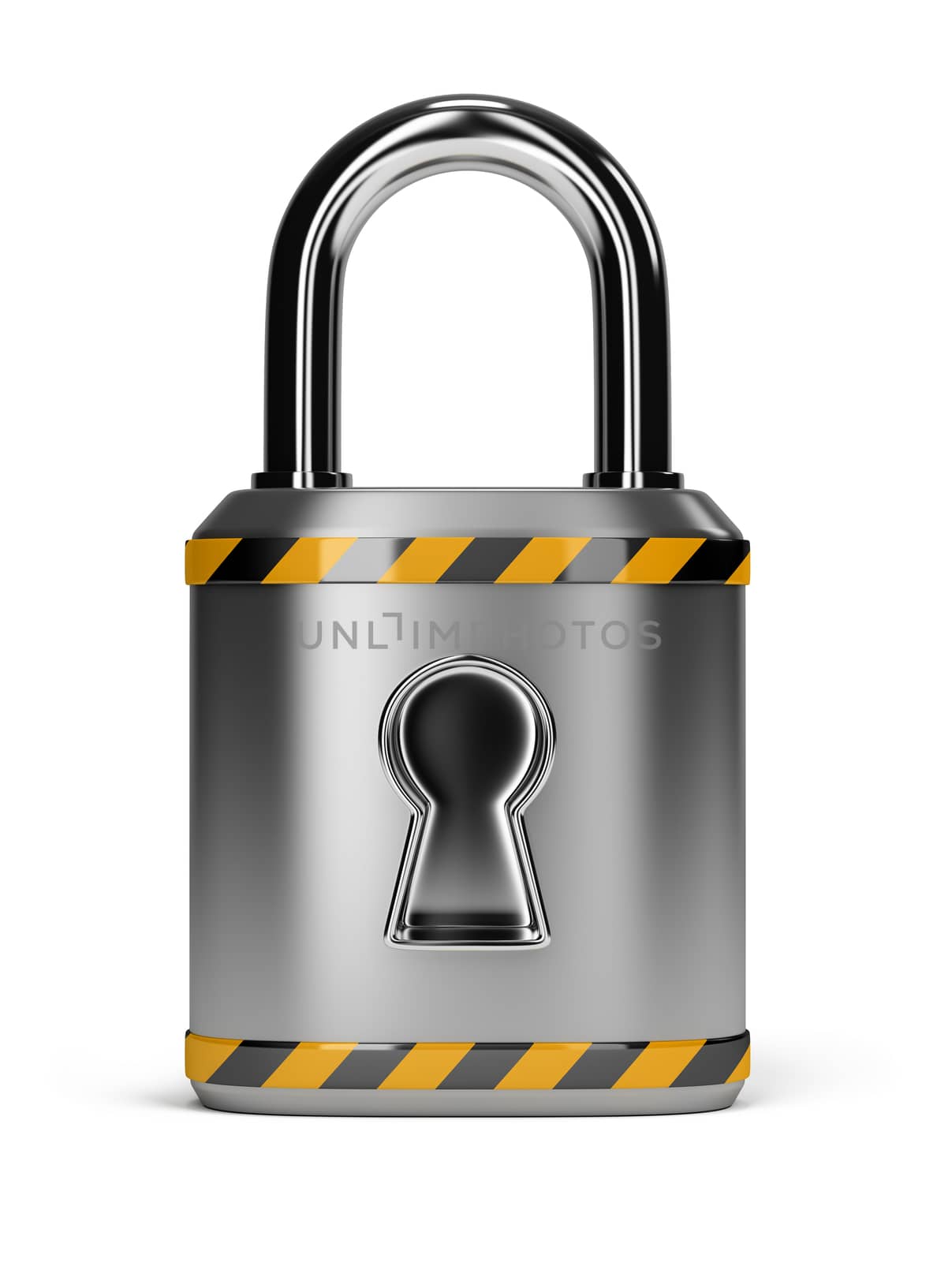 steel lock with the yellow black stripes. 3d image. Isolated white background.