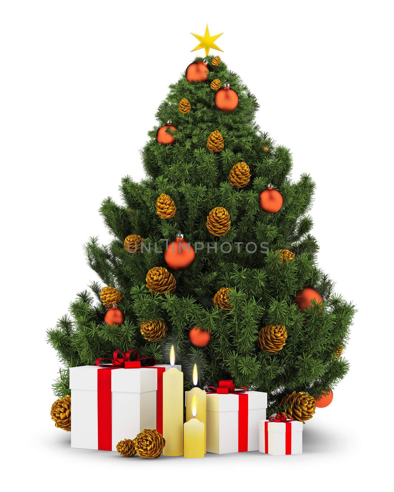 New Year tree with gifts, spheres, candles and gold cones on the isolated white background