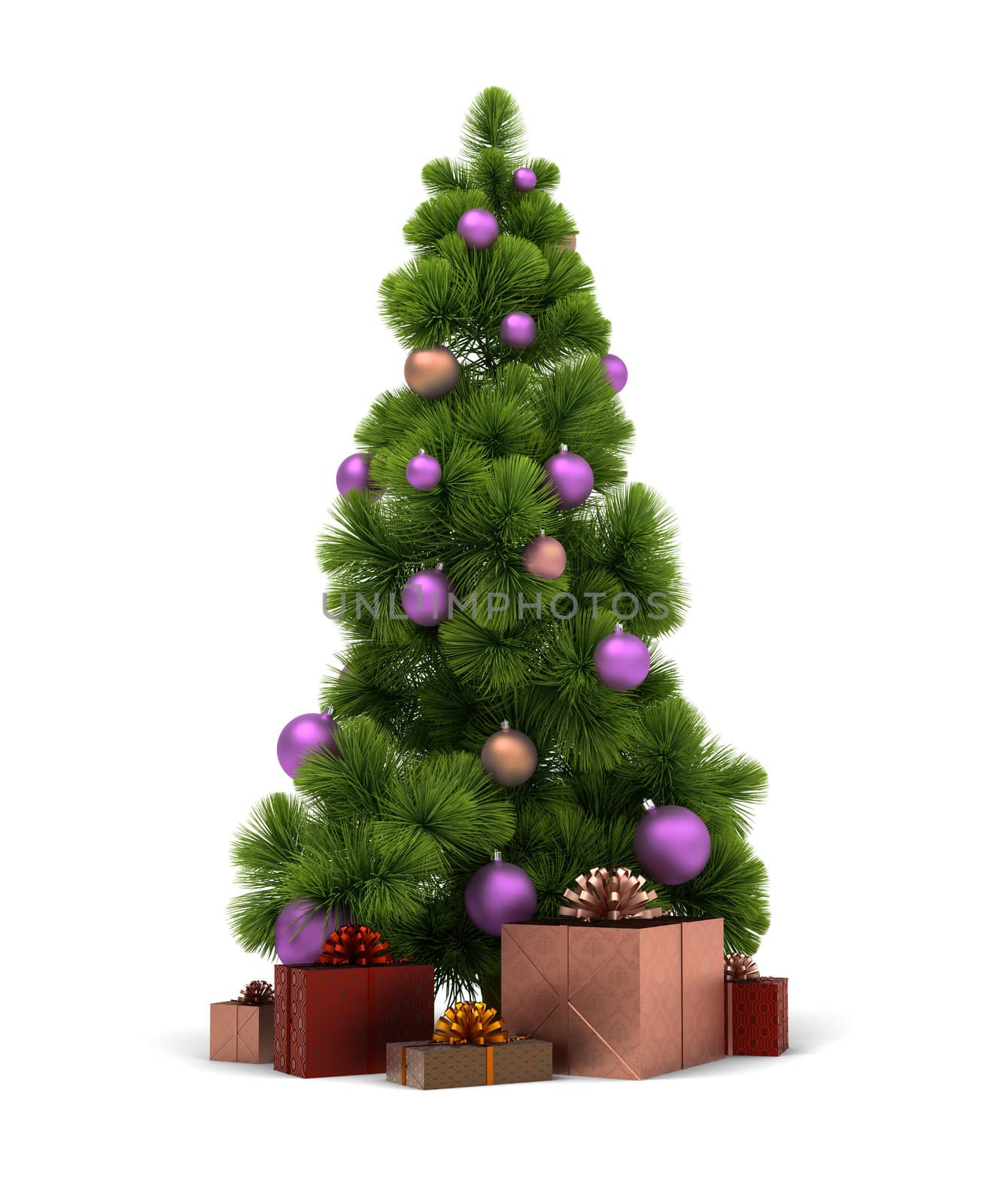 Christmas tree and gifts. 3d image. Isolated white background. Clipping path included.