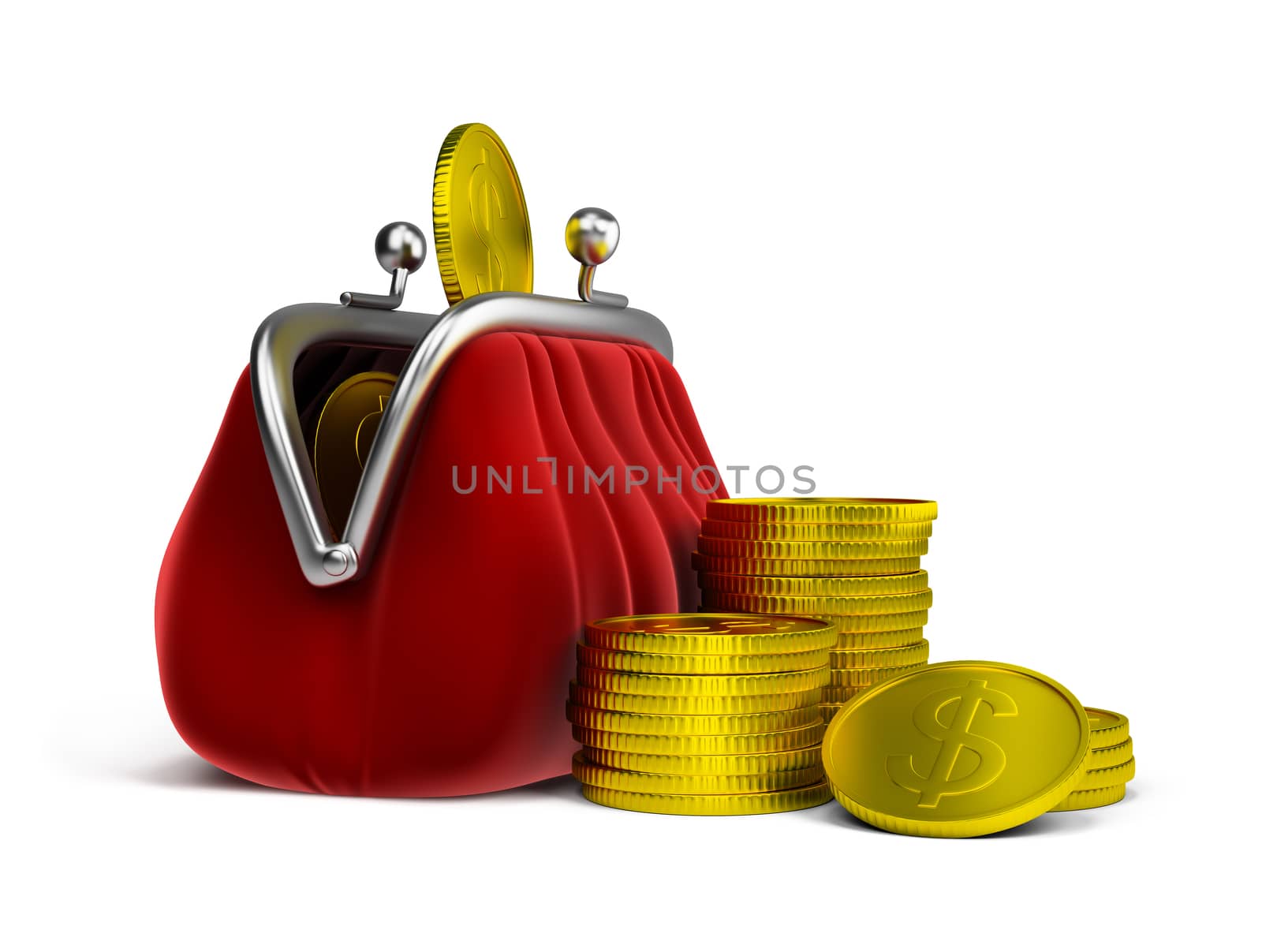 Red velvet purse and gold coins. 3d image. Isolated white background.