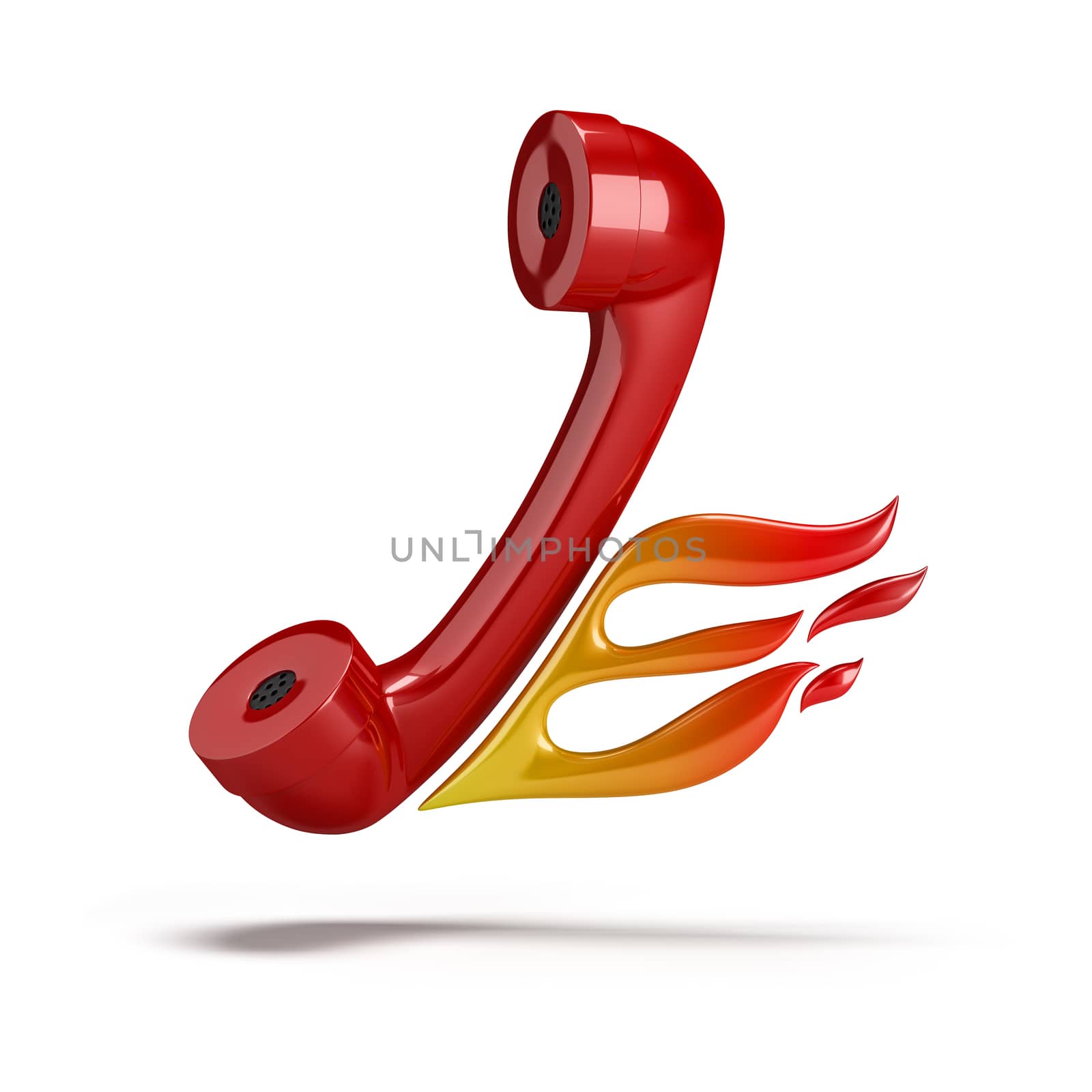 Red tube coming out of the phone with her ������flames. 3d image. Isolated white background.