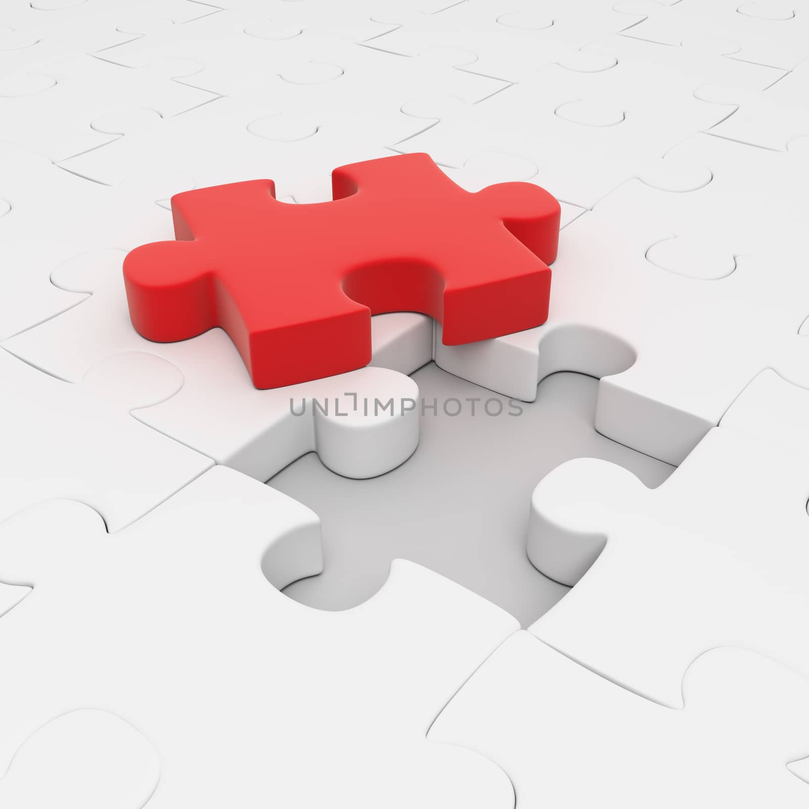 Red puzzle lying over an empty cell. 3d image. Isolated white background.
