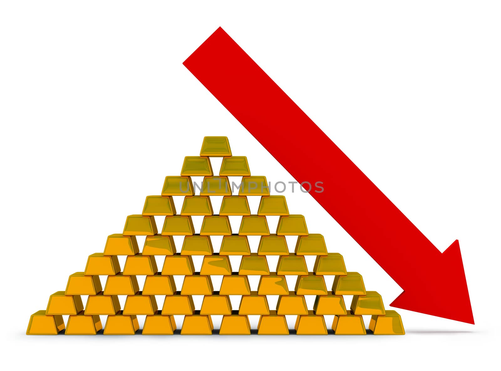 Pile of gold ingots with an arrow. Recession of the price for gold.