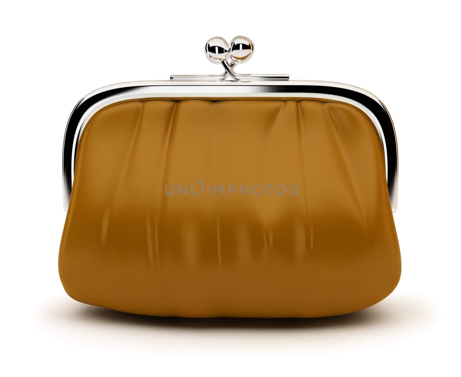 Leather purse with the chromeplated rim. 3d image. Isolated white background.