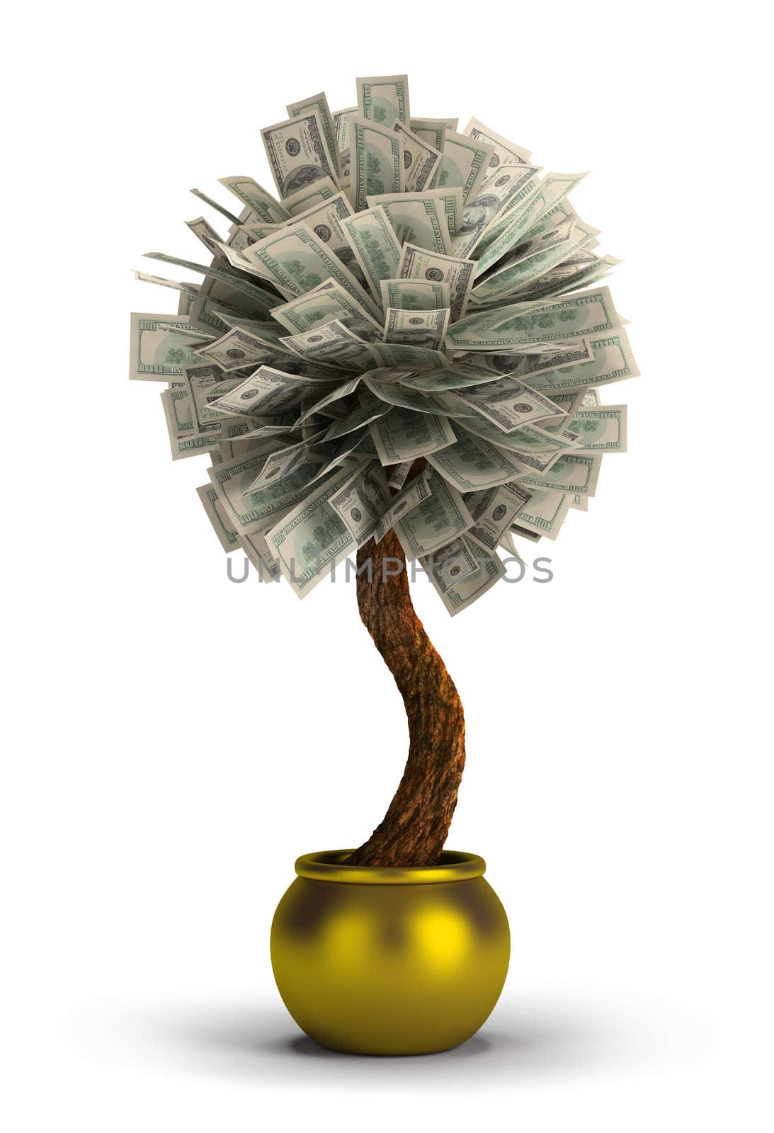 money tree in a golden pot. 3d image. Isolated white background.