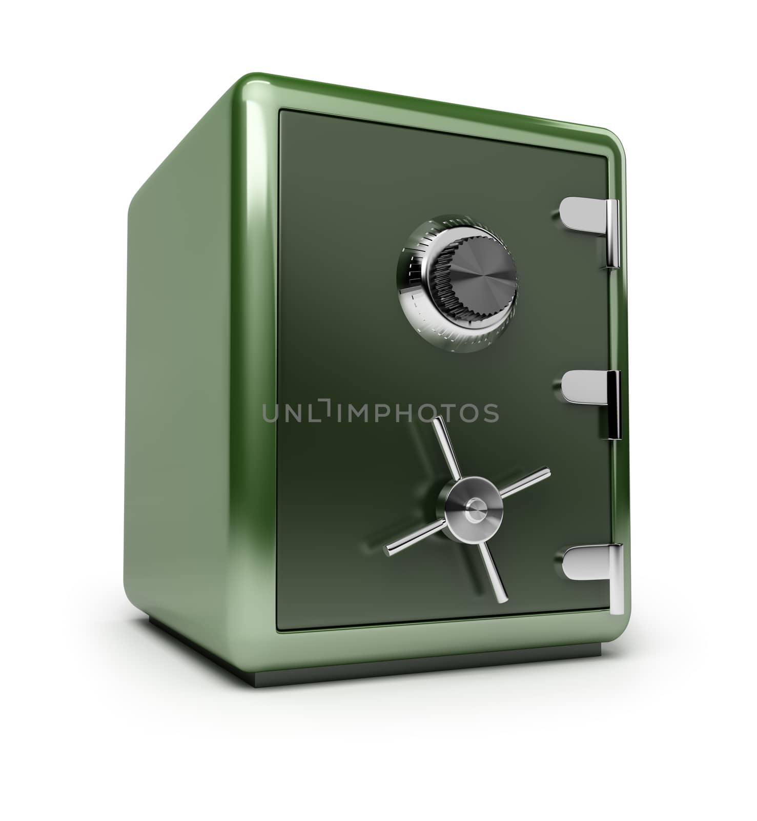 Green brilliant safe. 3d image. Isolated white background.