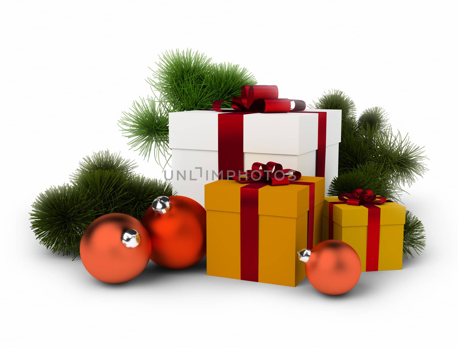 New Year's gifts with pine branches on the isolated white background