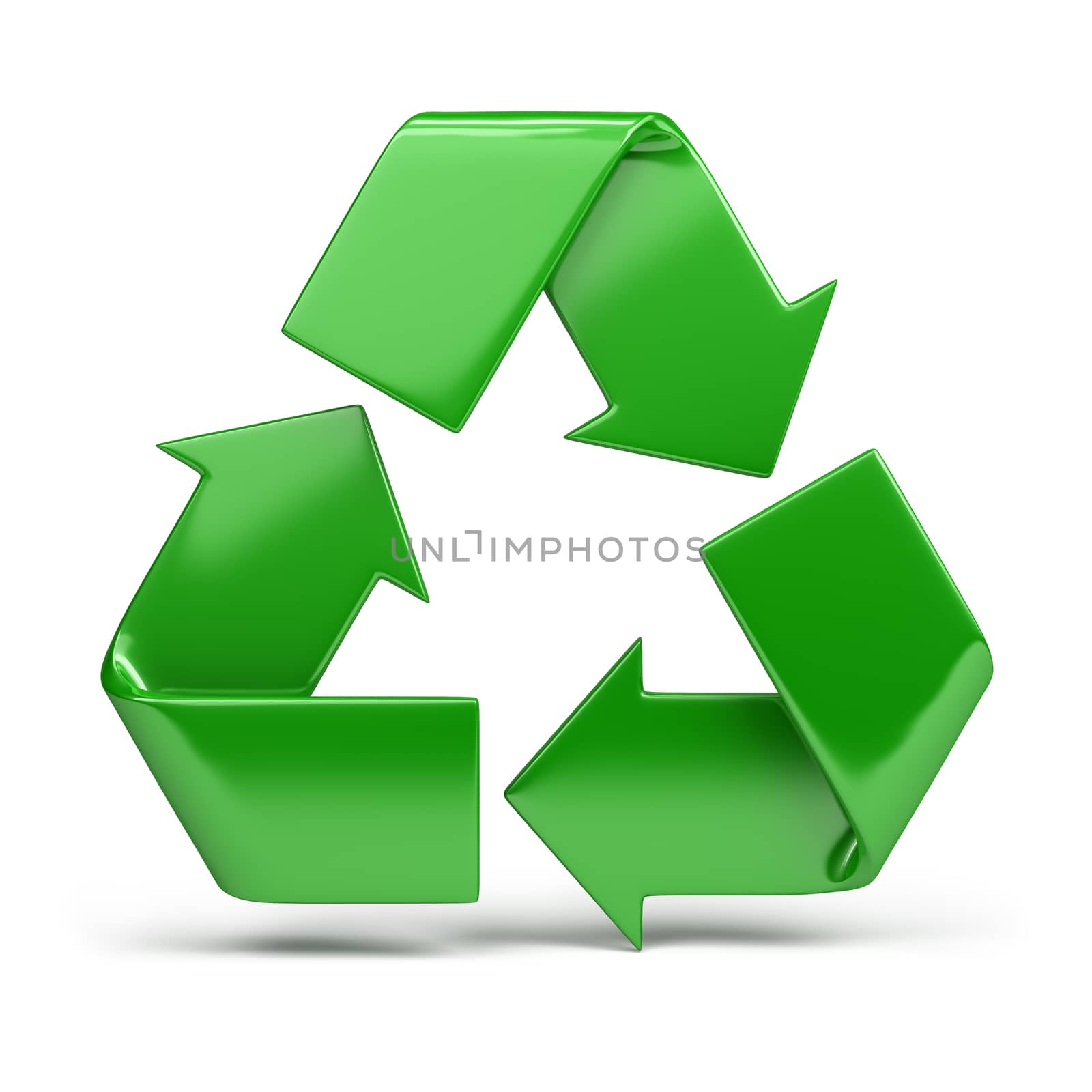 green, shiny recycling symbol. 3d image. Isolated white background.