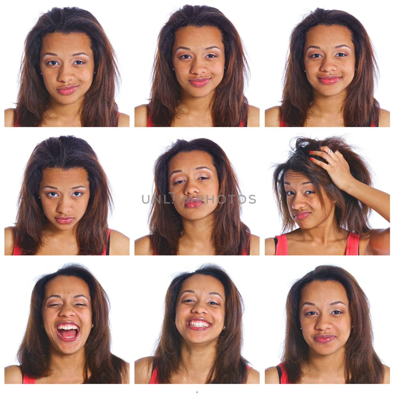 Collage of images portrait adorable young grimacing mulatto girl. Isolated white backround