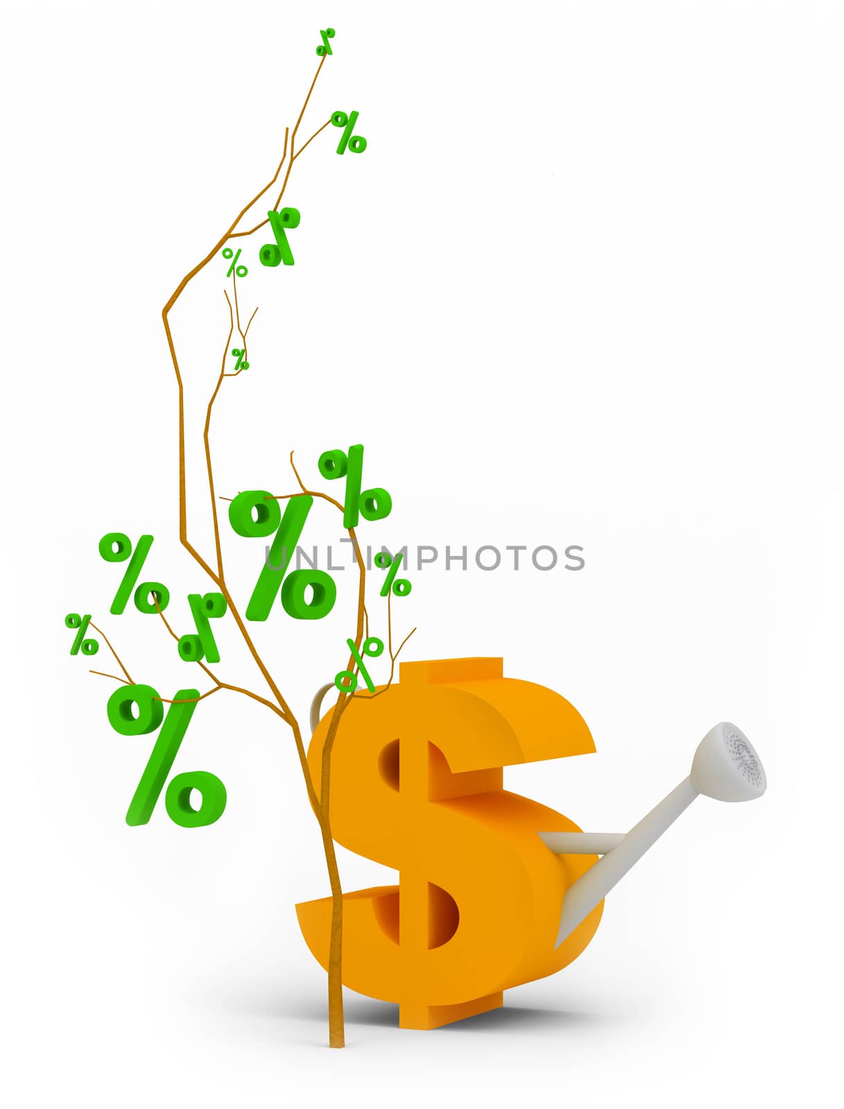 Tree of percent near to a watering can on the isolated white background