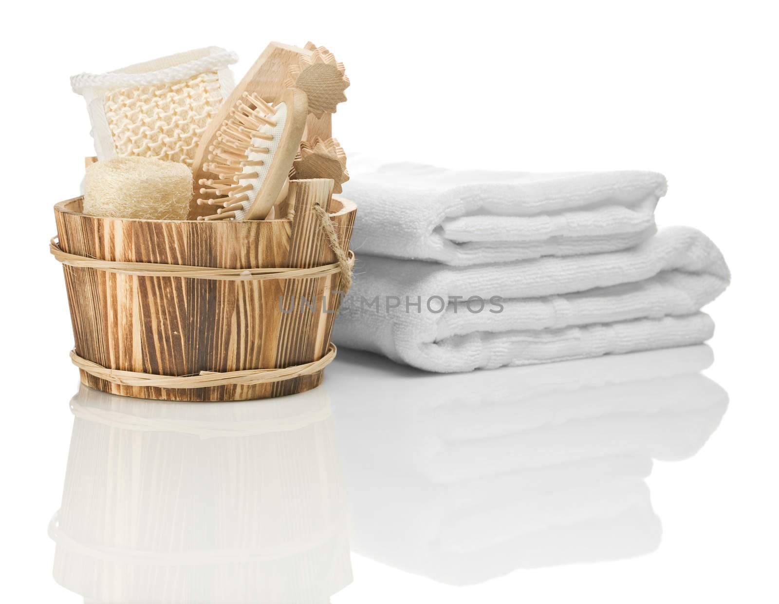 wooden bucket and towels