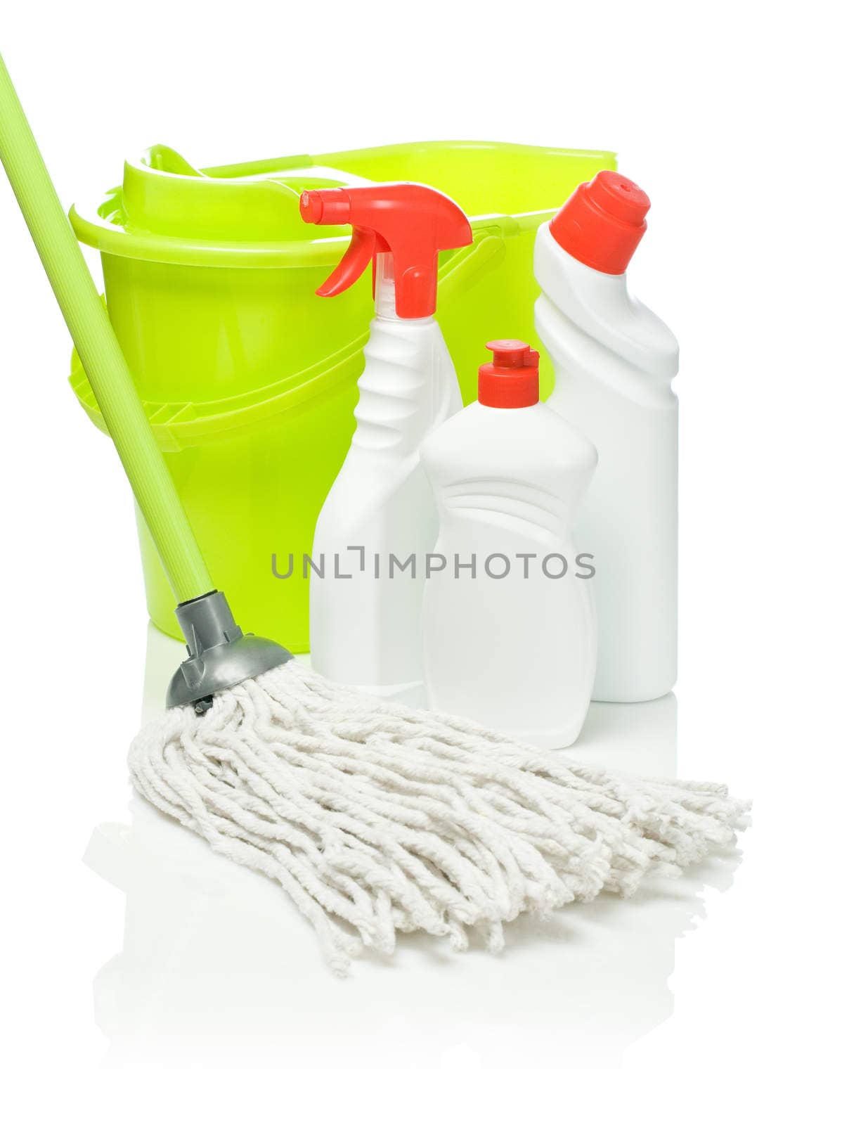bottles mop and bucket isolated