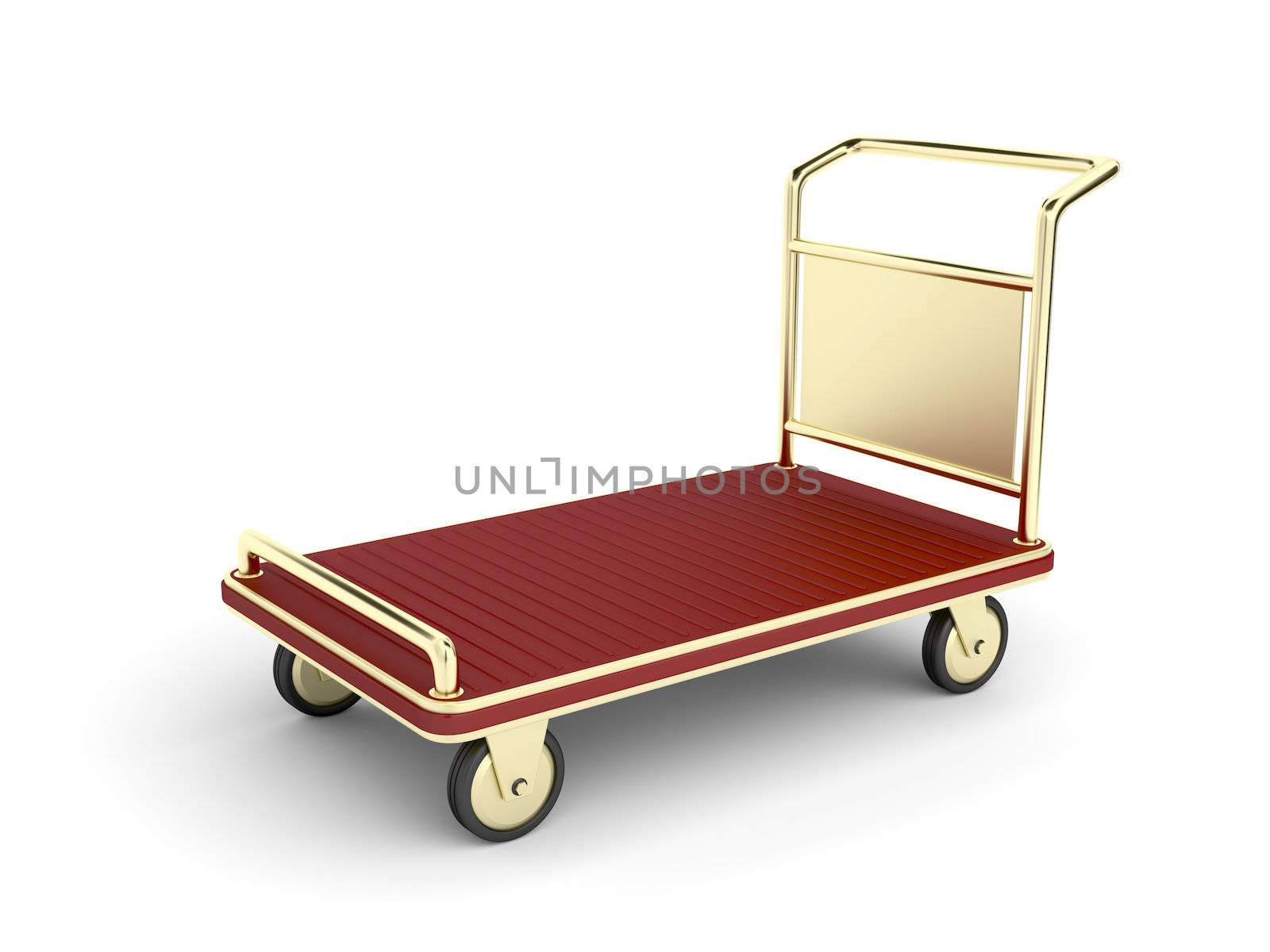 Golden hotel baggage cart on white background