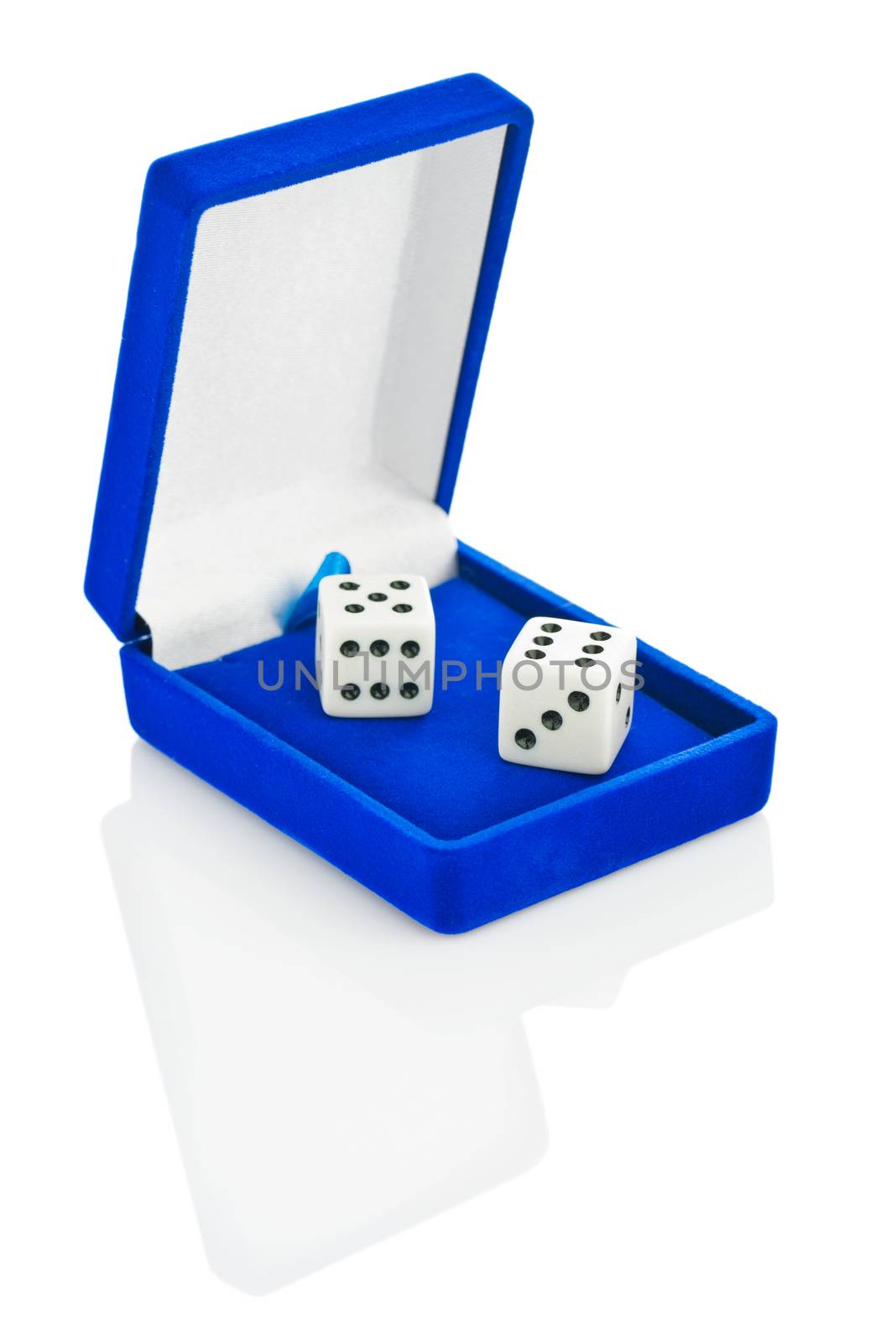 two Playing dice in blue box isolated