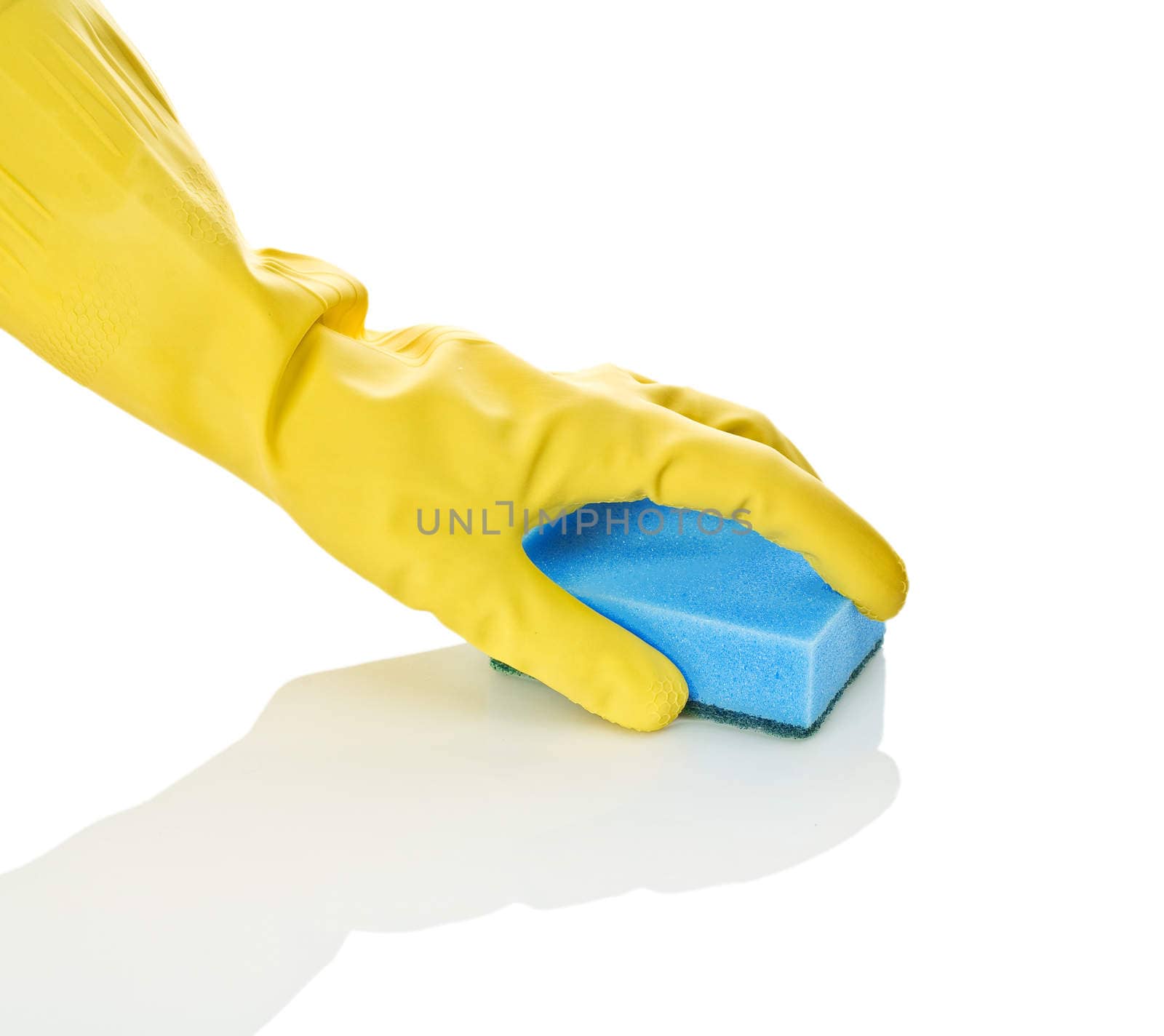 hand in glove with blue sponge