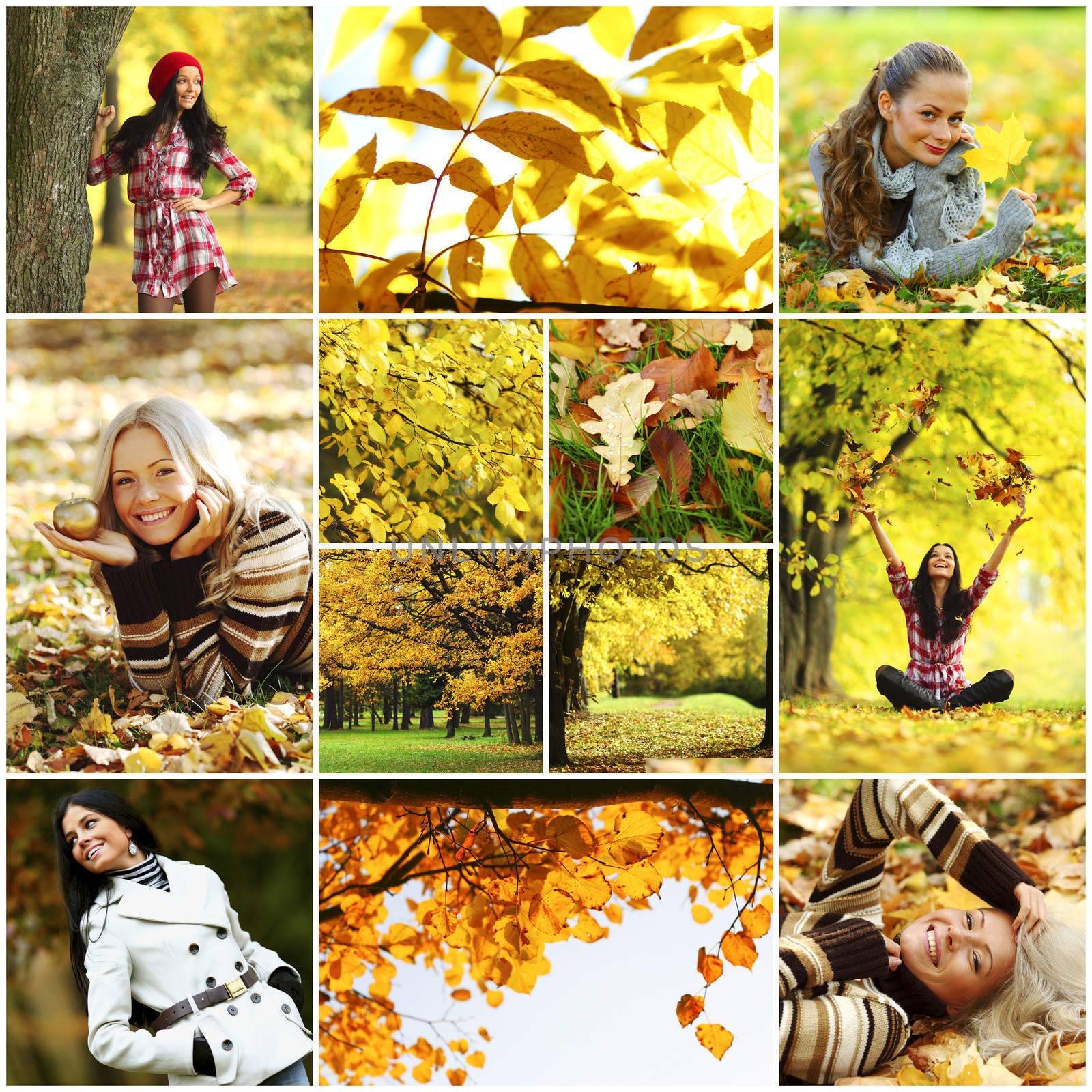 collage woman in autumn park