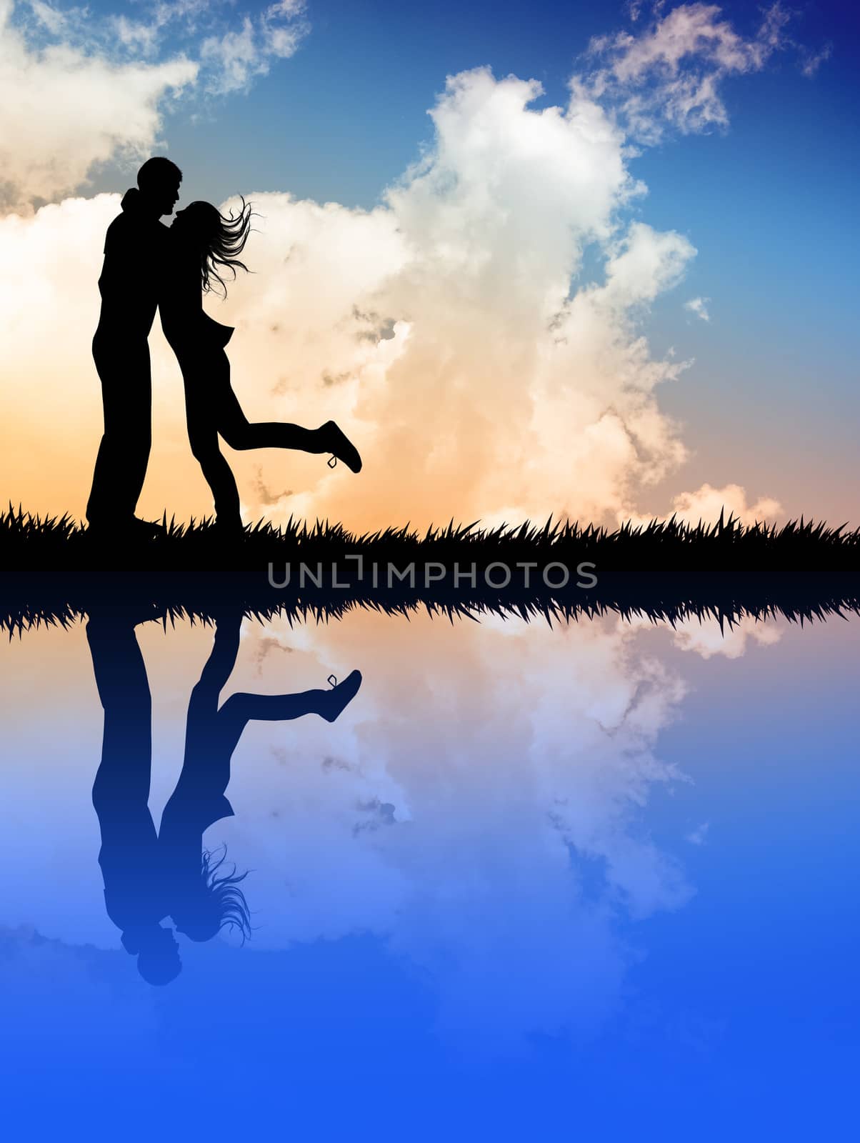 Lovers at sunset with reflection
