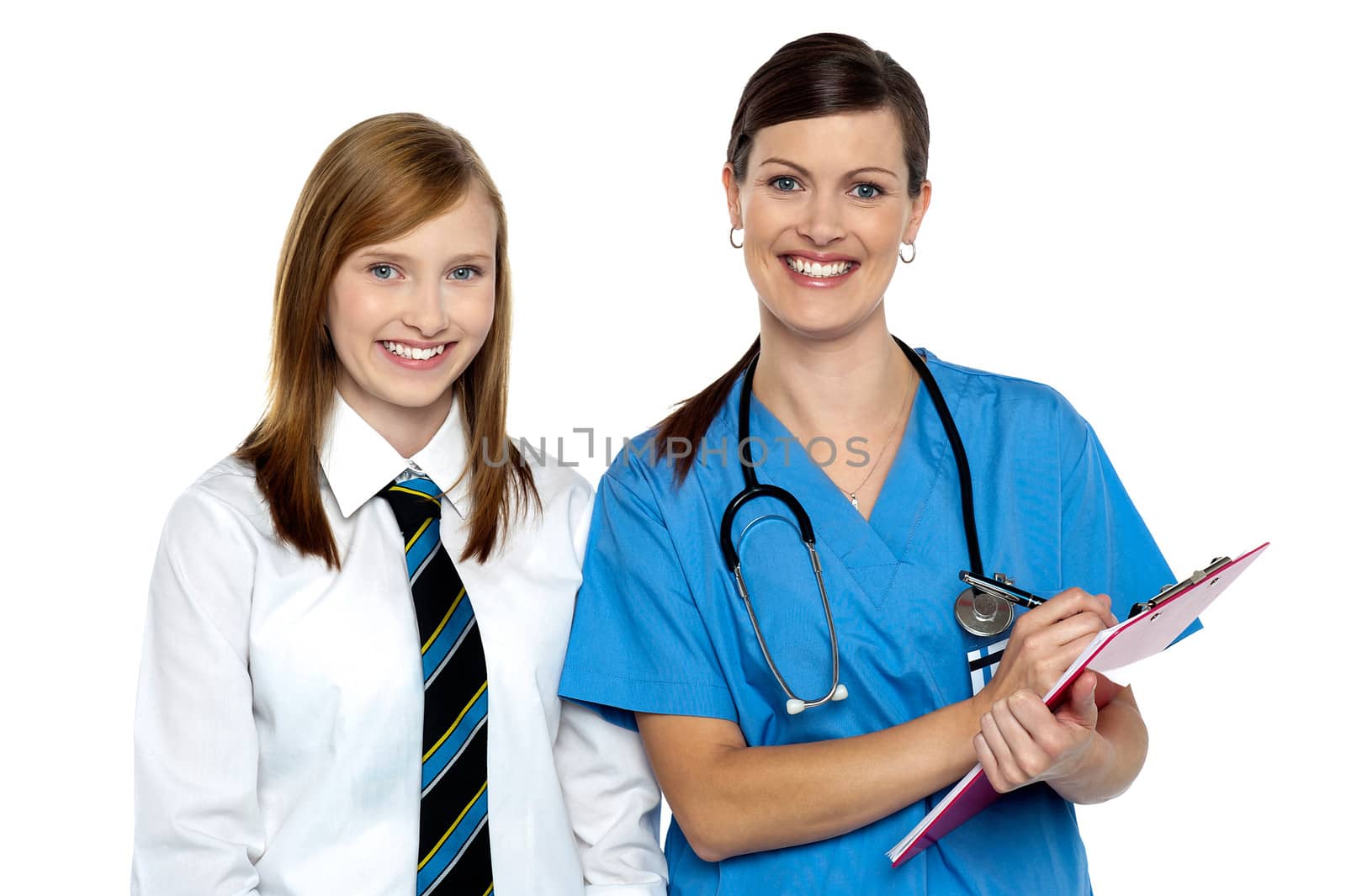 Smiling lady doctor with a schoolgirl