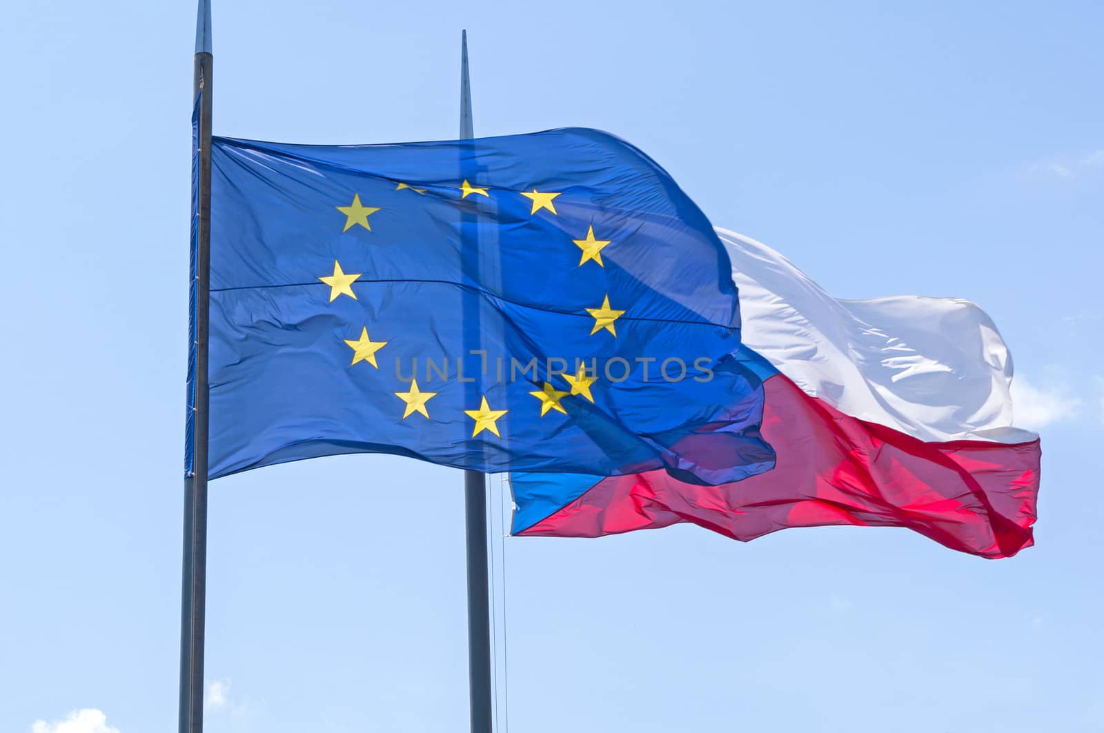Flying Flags of Czech Republic and European Union