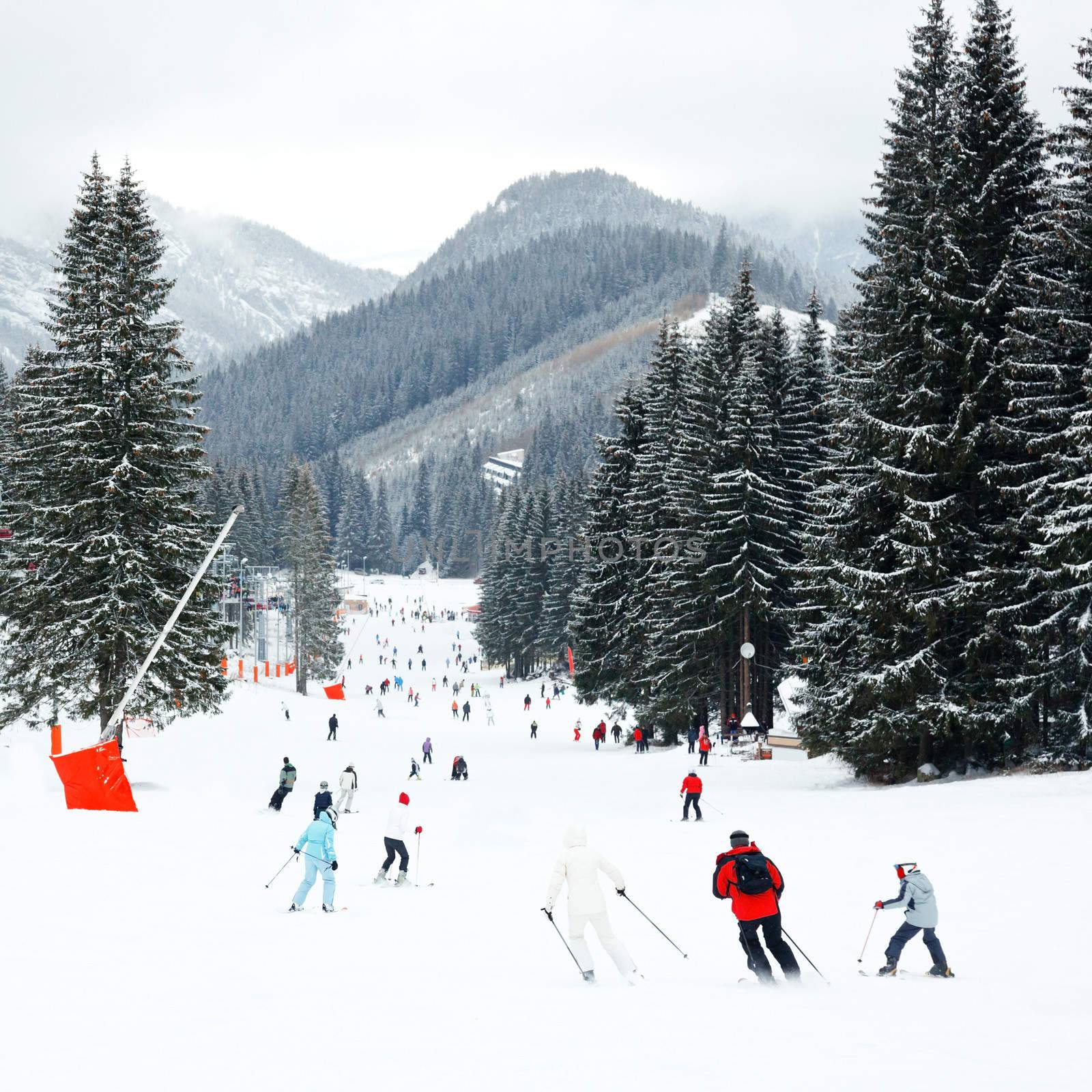 Skiers and snowboarders going down the slope at Jasna ski resort in Slovakia