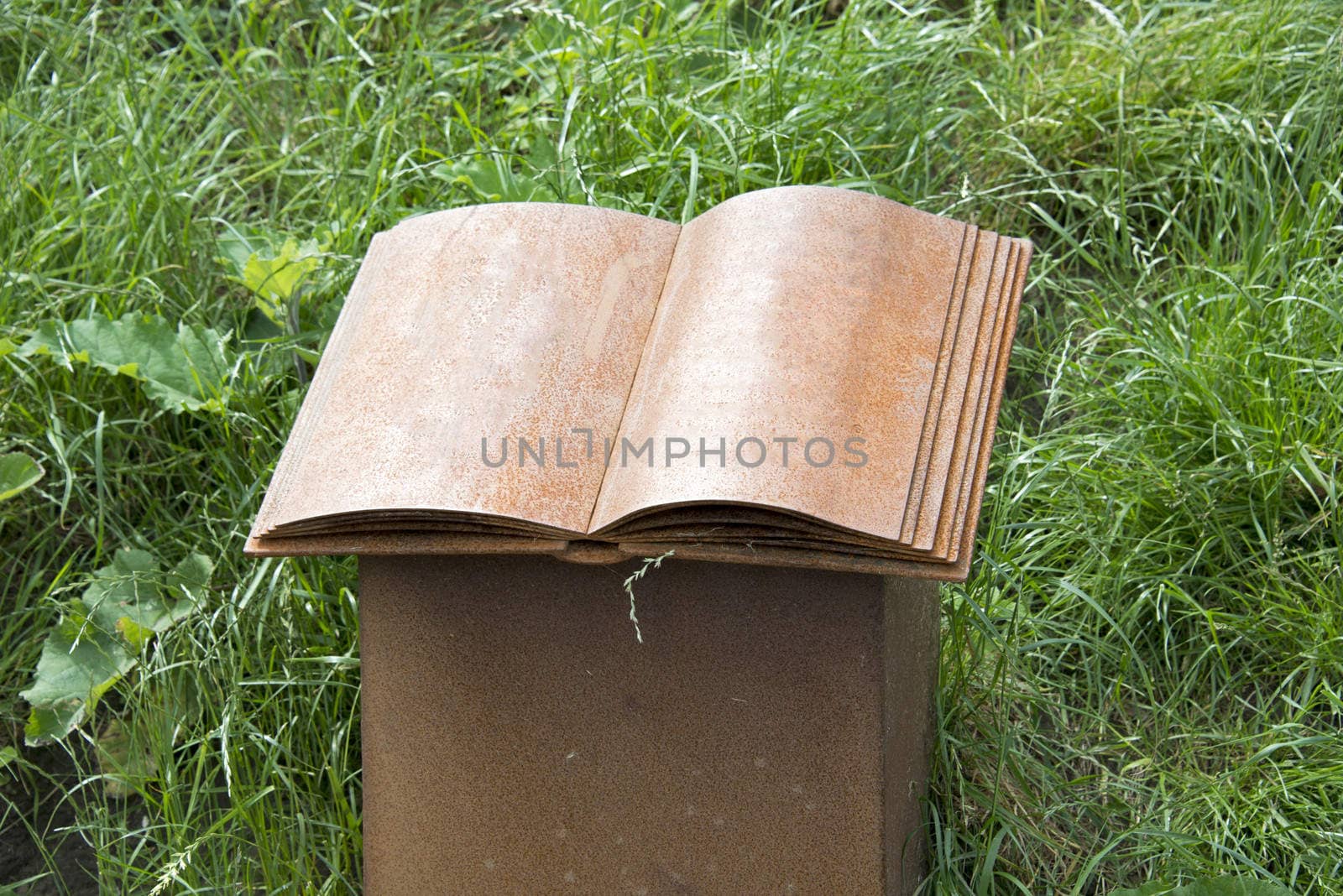 open book made from iron in green nature