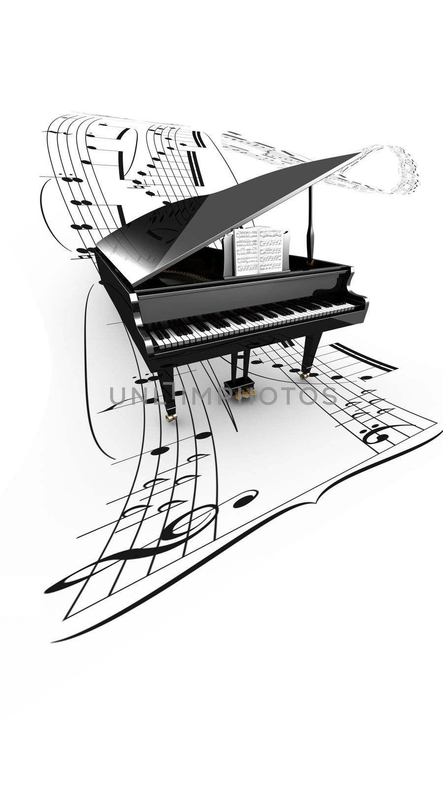 3D opened grand piano on a long flying partition. White background