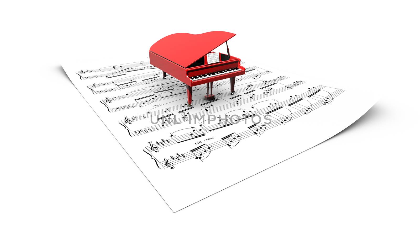 3D opened grand piano model on a partition sheet