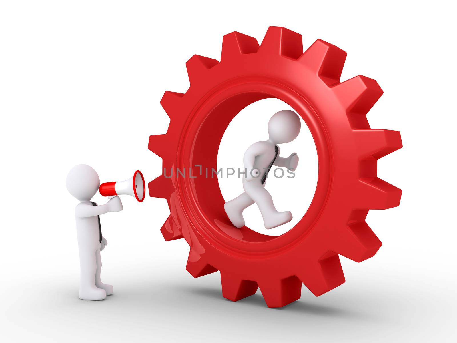 3d businessman is shouting with a megaphone to another running in a cogwheel