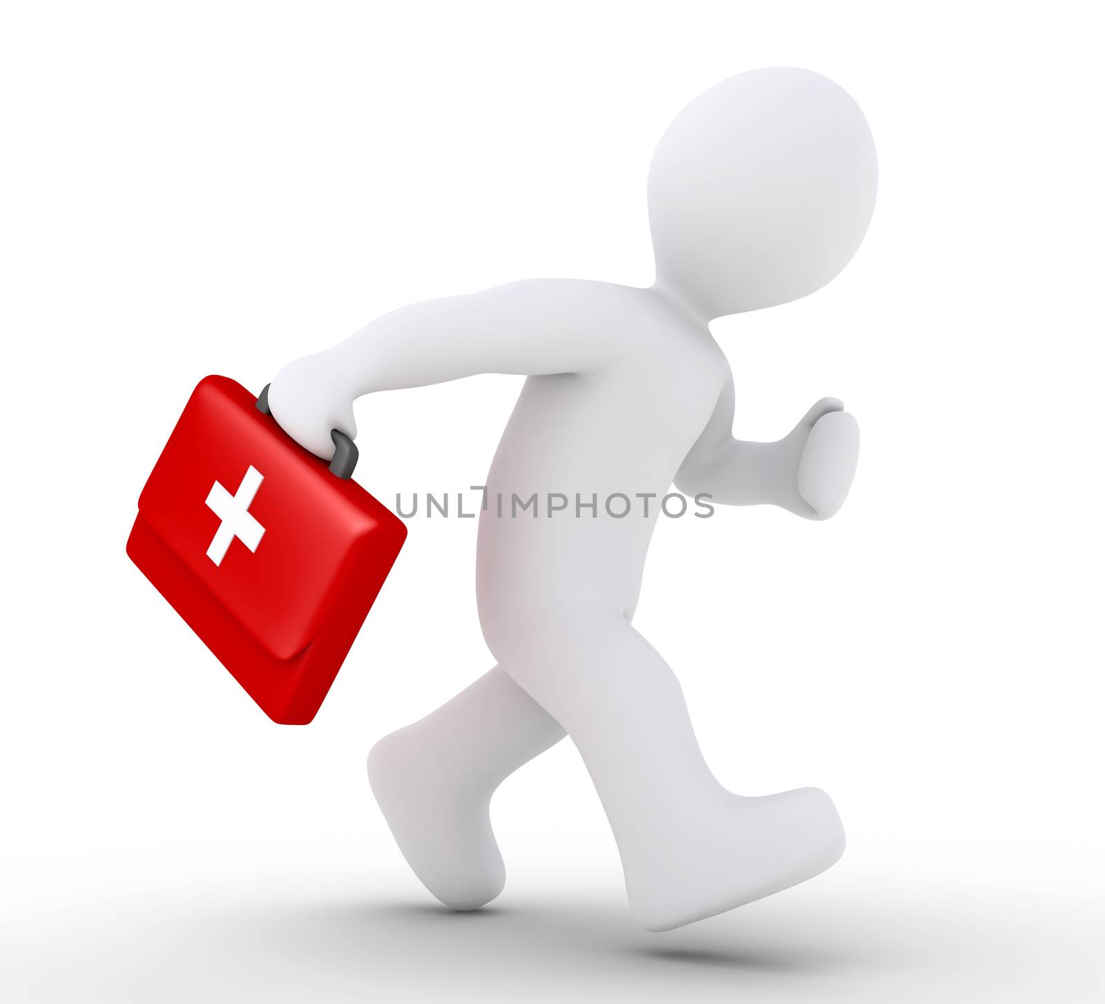 3d person holding a suitcase with a cross, is running