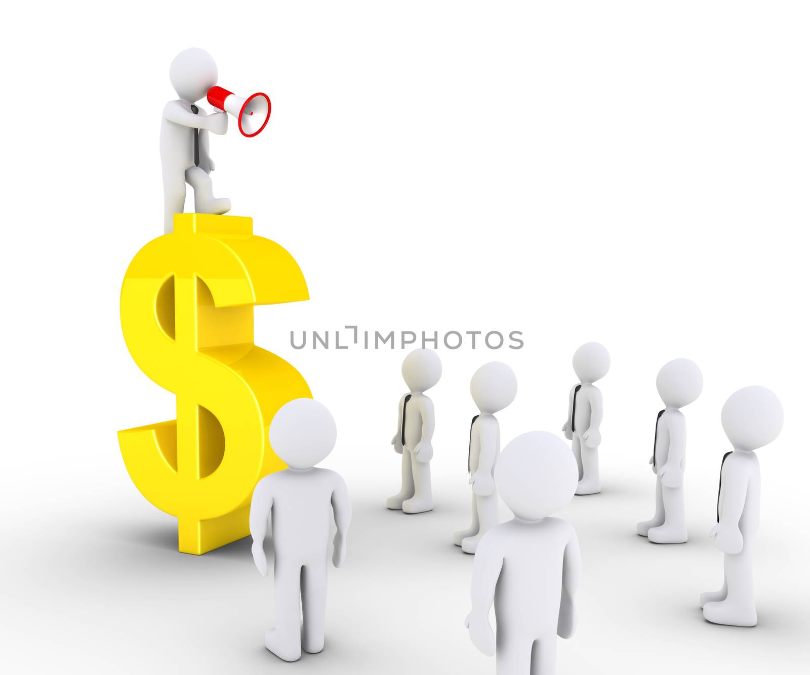 3d businessman with megaphone on a dollar symbol is speaking to others