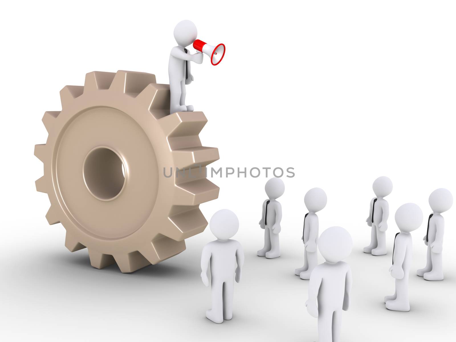 3d businessman with megaphone on a cogwheel is speaking to others
