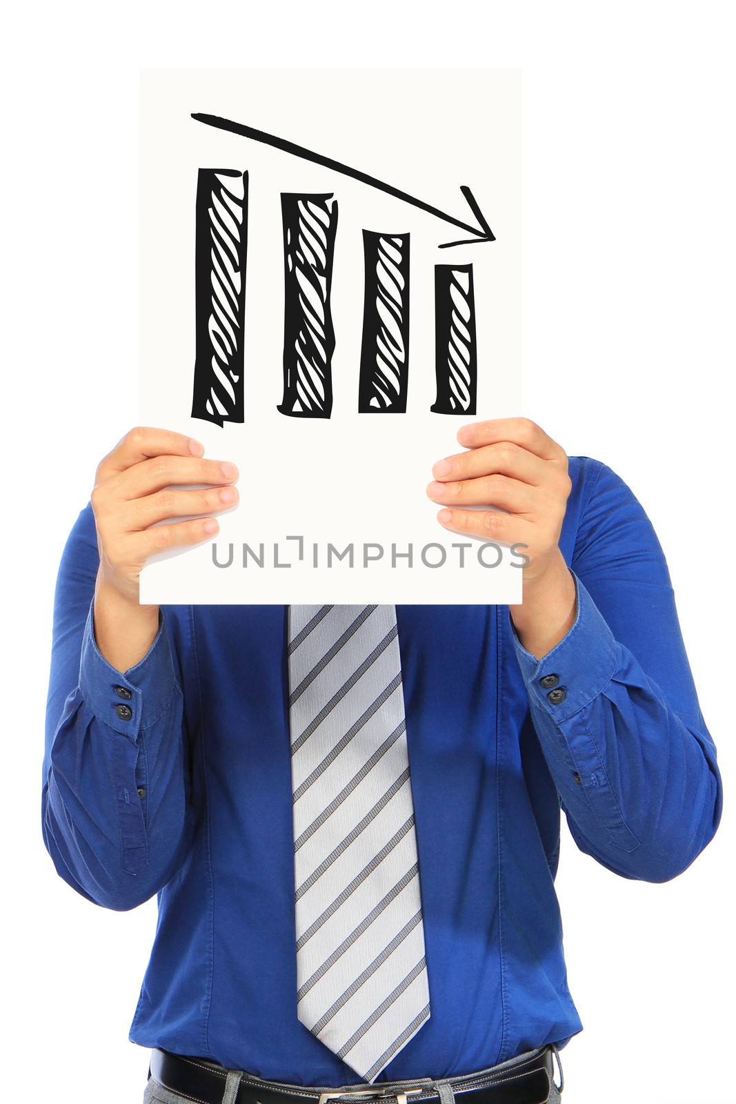 A man holding a sketch of a bar chart showing a negative trend