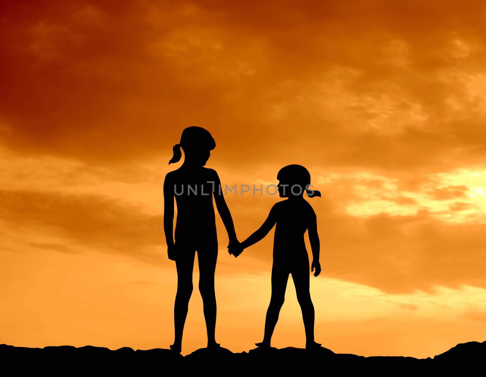 Silhouette Of Two Girls Holding Hands Against A Beautiful Sunset