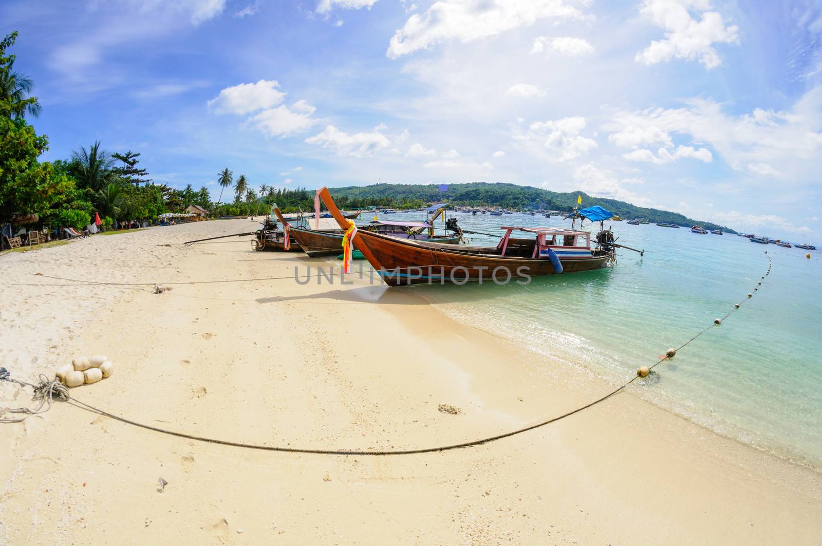 Tropical beach, traditional long tail boat, Poda Bay, Thailand