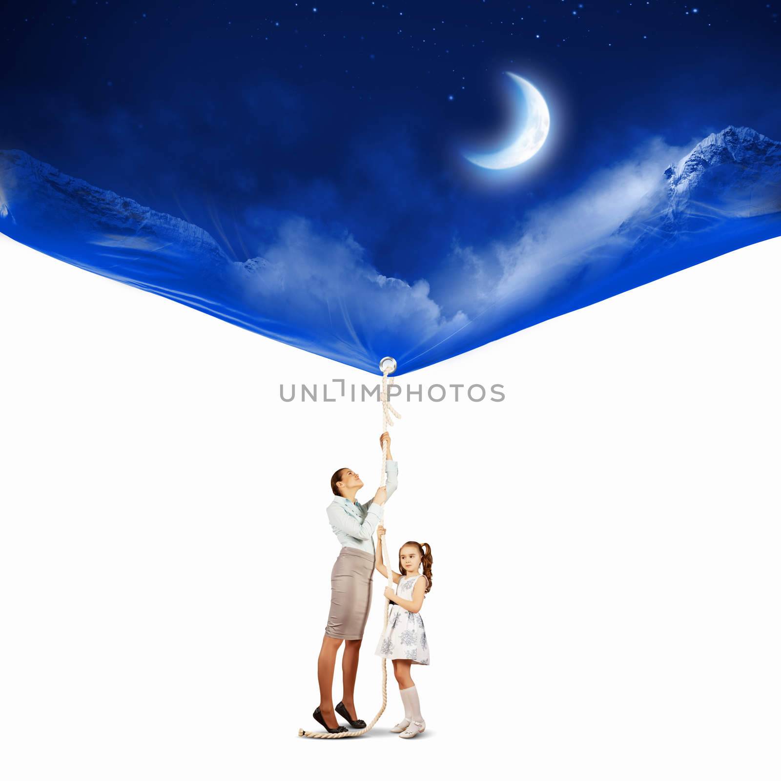 Image of young happy family pulling banner with night illustration