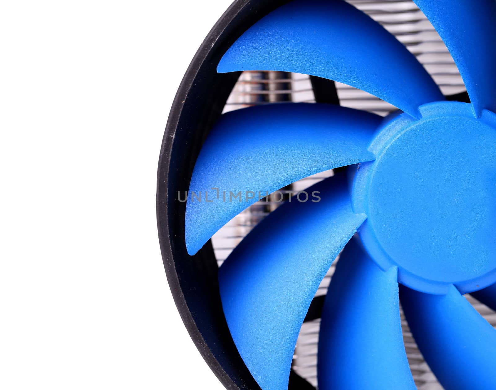 Powerful computer cooler with blue fun is located right on the white background