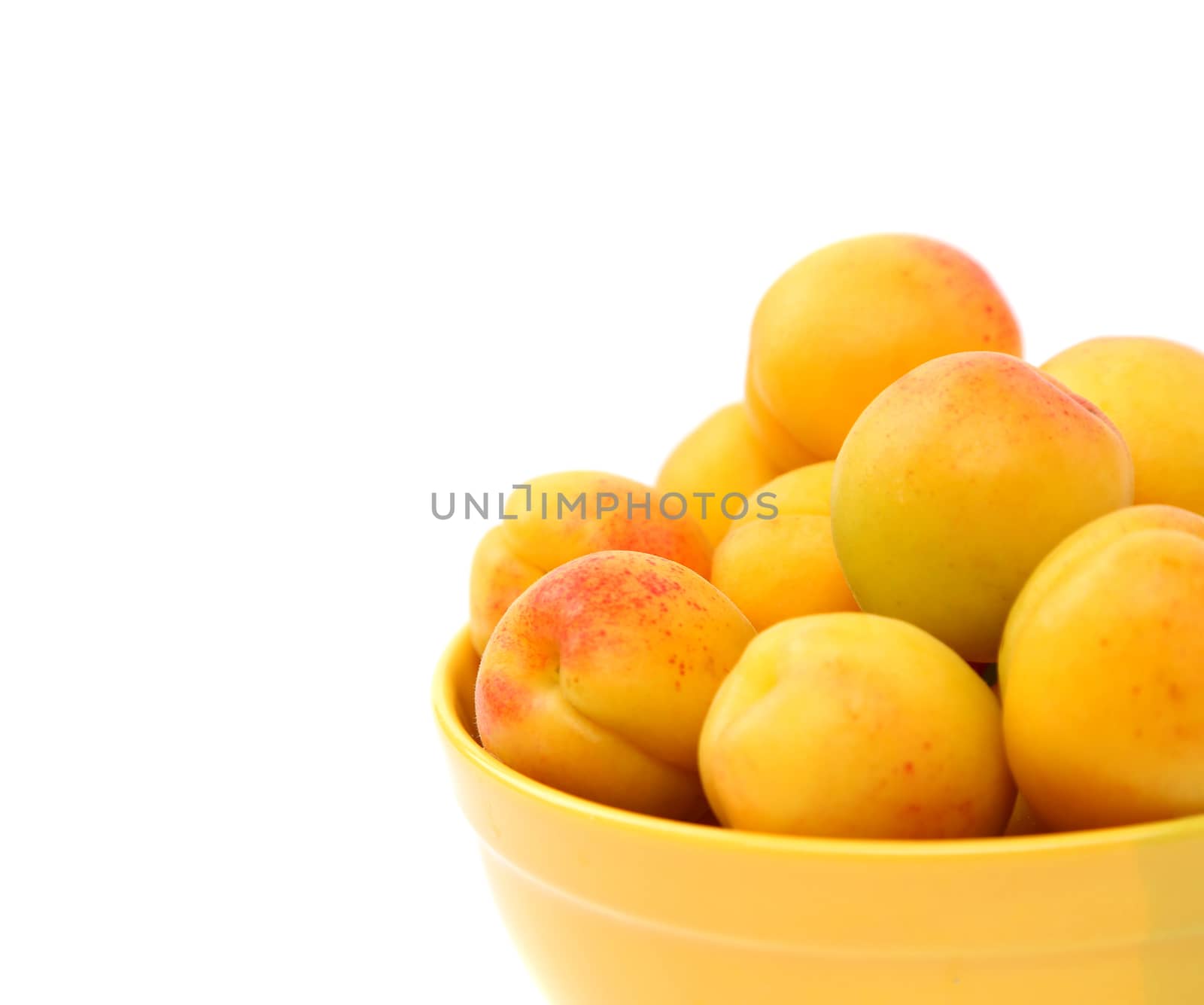 fresh apricot on a bowl are located right on the white background